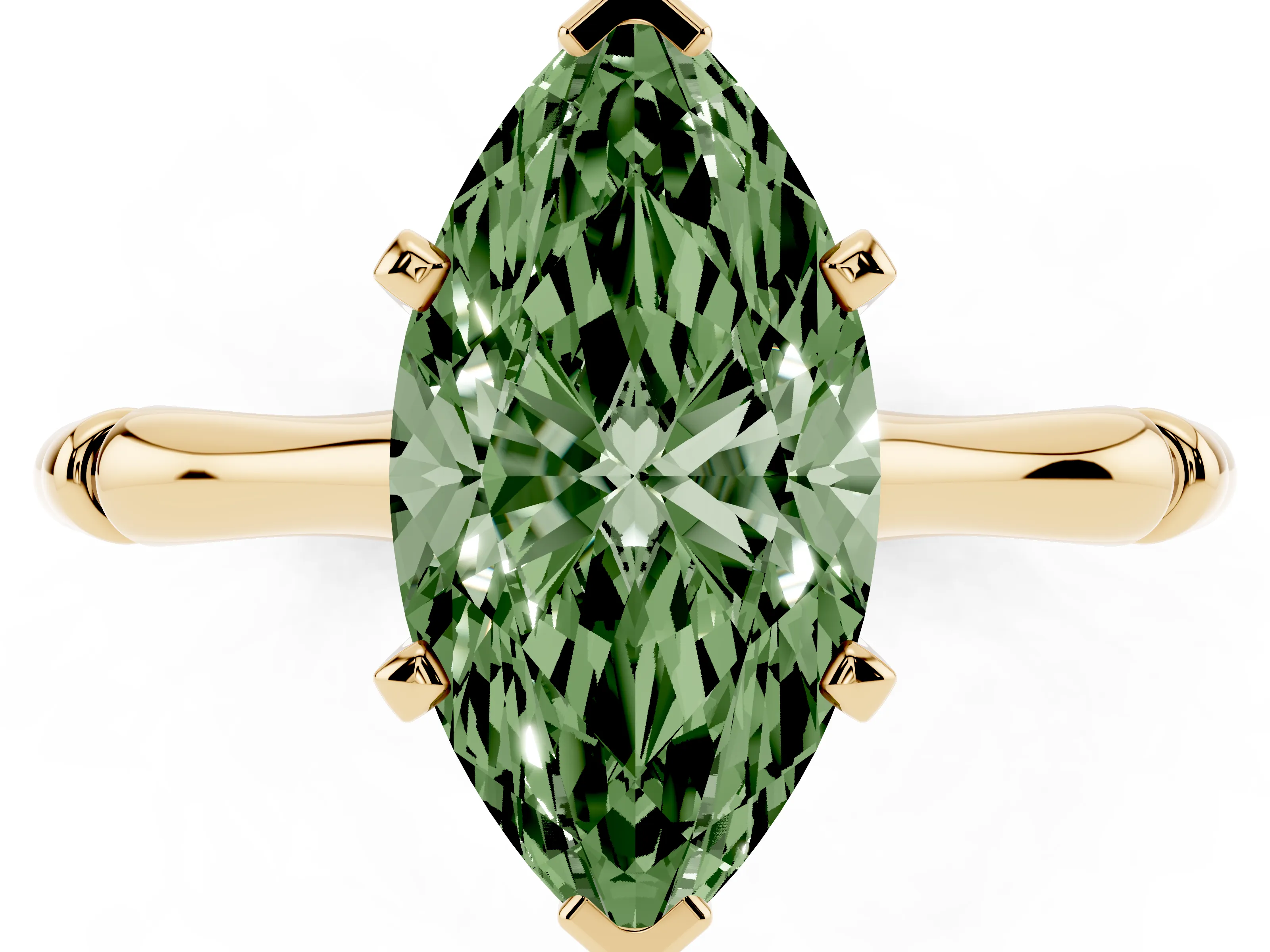 Fancy Green Marquise Cut Diamond Solitaire Ring Set in Yellow gold with Bamboo Band and Prong Setting