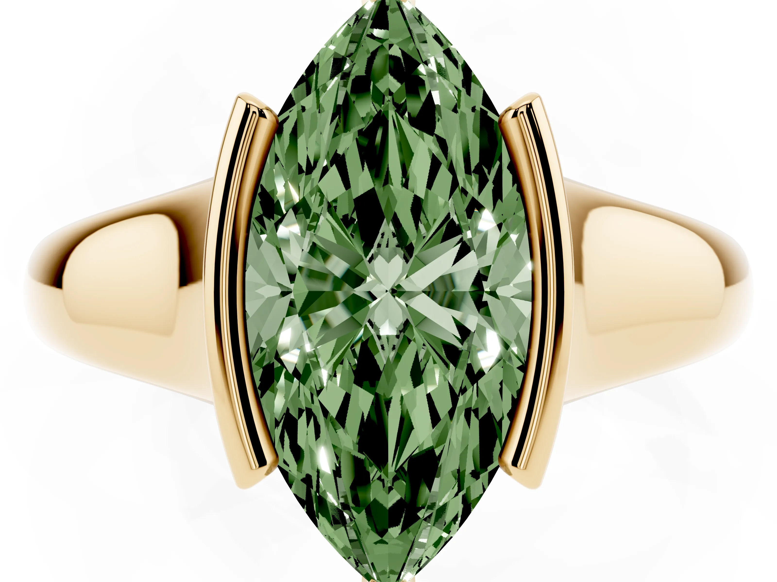 Fancy Green Marquise Cut Diamond Solitaire Tension Set Ring Set in Yellow gold with Split Shank Band