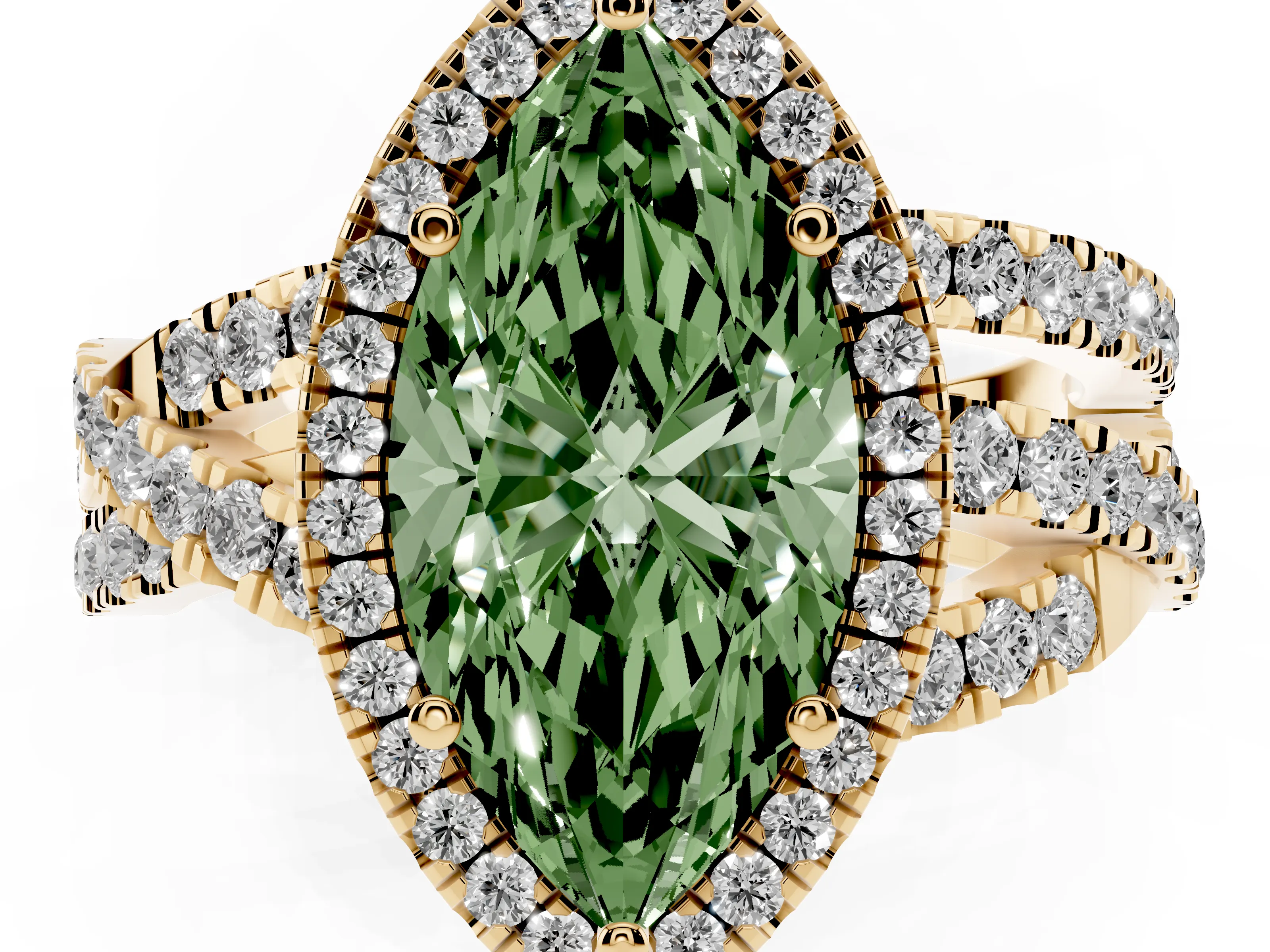 Fancy Green Marquise Cut Diamond Halo Ring Set in Yellow gold with Round Crossover Split Shank and Prong Setting