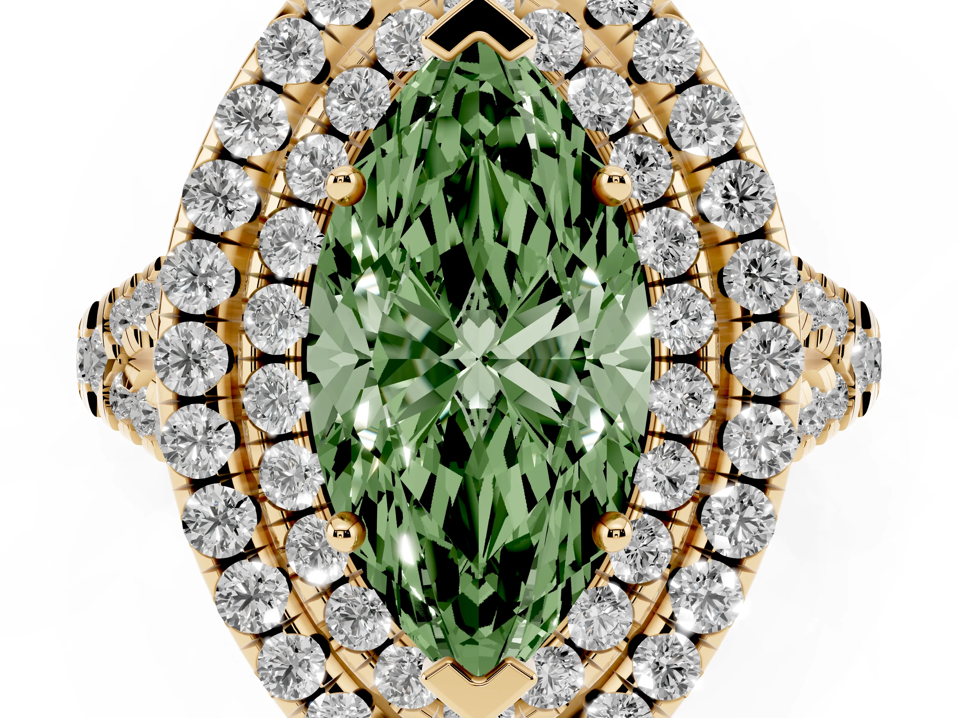 Fancy Green Marquise Cut Diamond Double Halo Ring Set in Yellow gold with Pavé Split Shank and Prong Setting