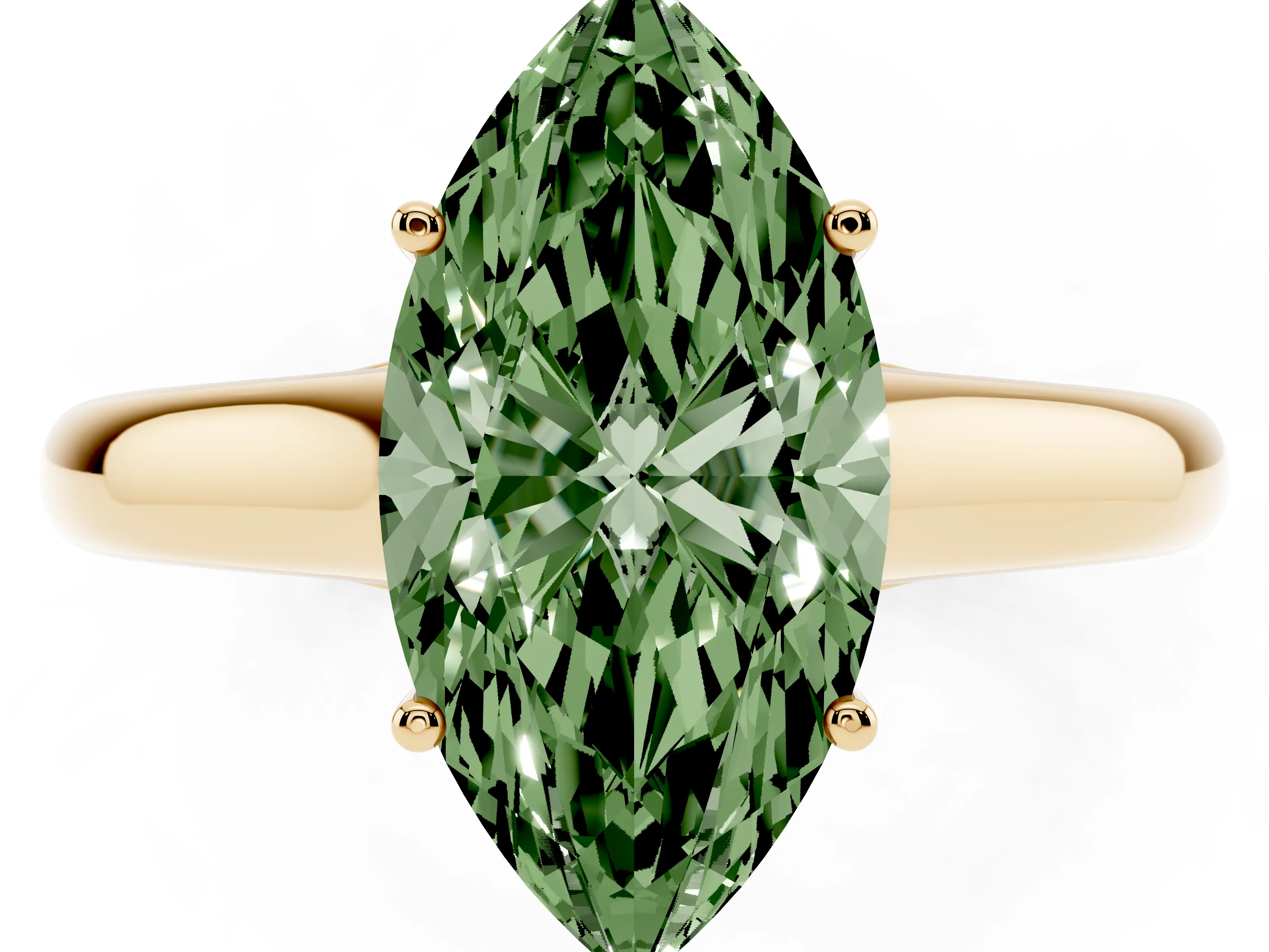 Fancy Green Marquise Cut Diamond Solitaire Engagement Ring Set in Yellow gold with Subtly Tapered Band and Prong Setting