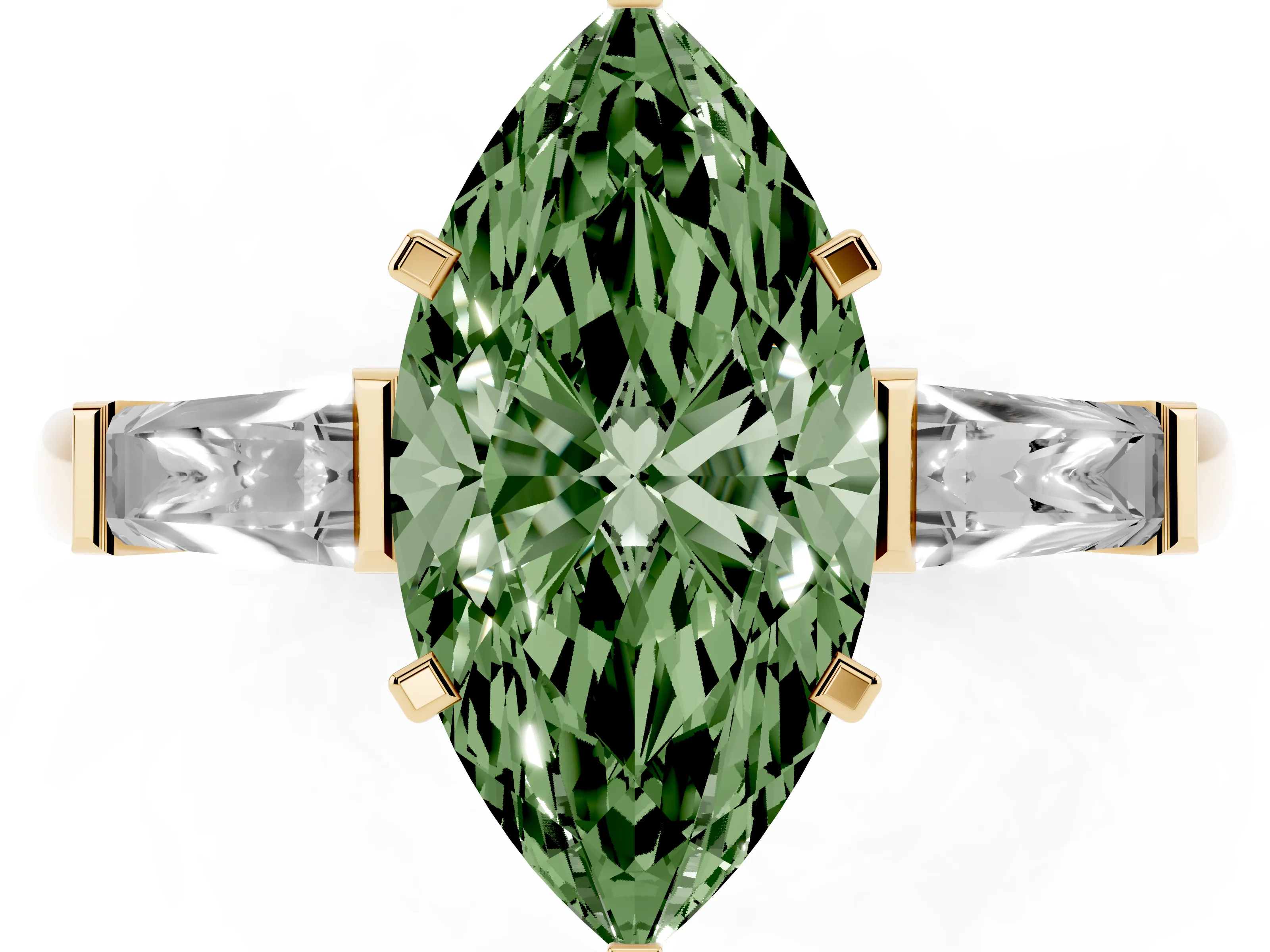 Fancy Green Marquise Cut Diamond Solitaire Ring Set in Yellow gold with Tapered Baguette Side Stones and Prong Setting