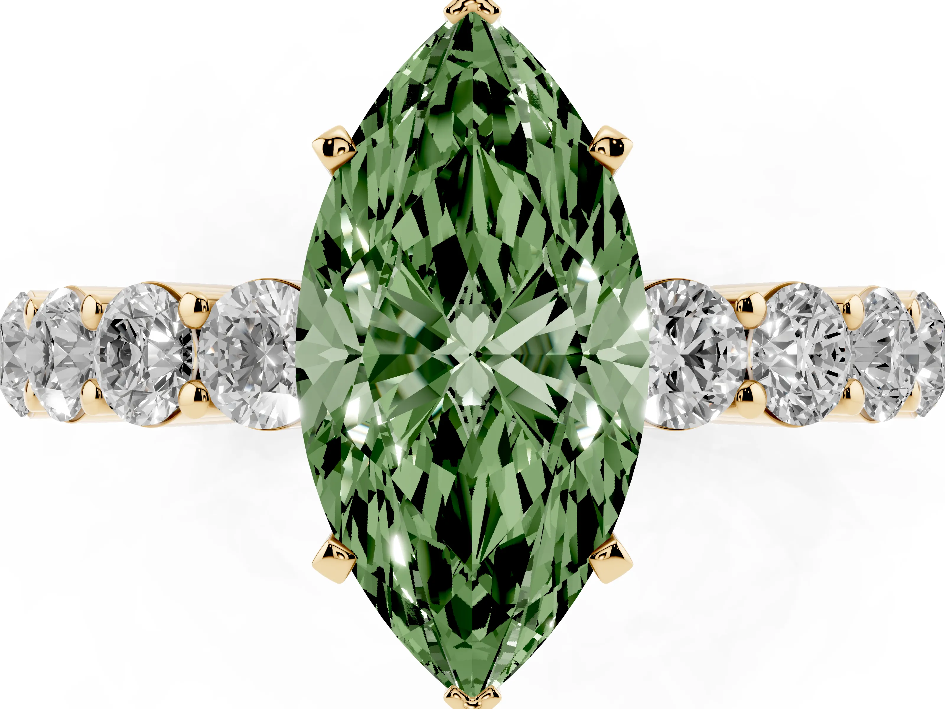 Fancy Green Marquise Cut Diamond Solitaire Ring Set in Yellow gold with Shared Prong Round Side Stones