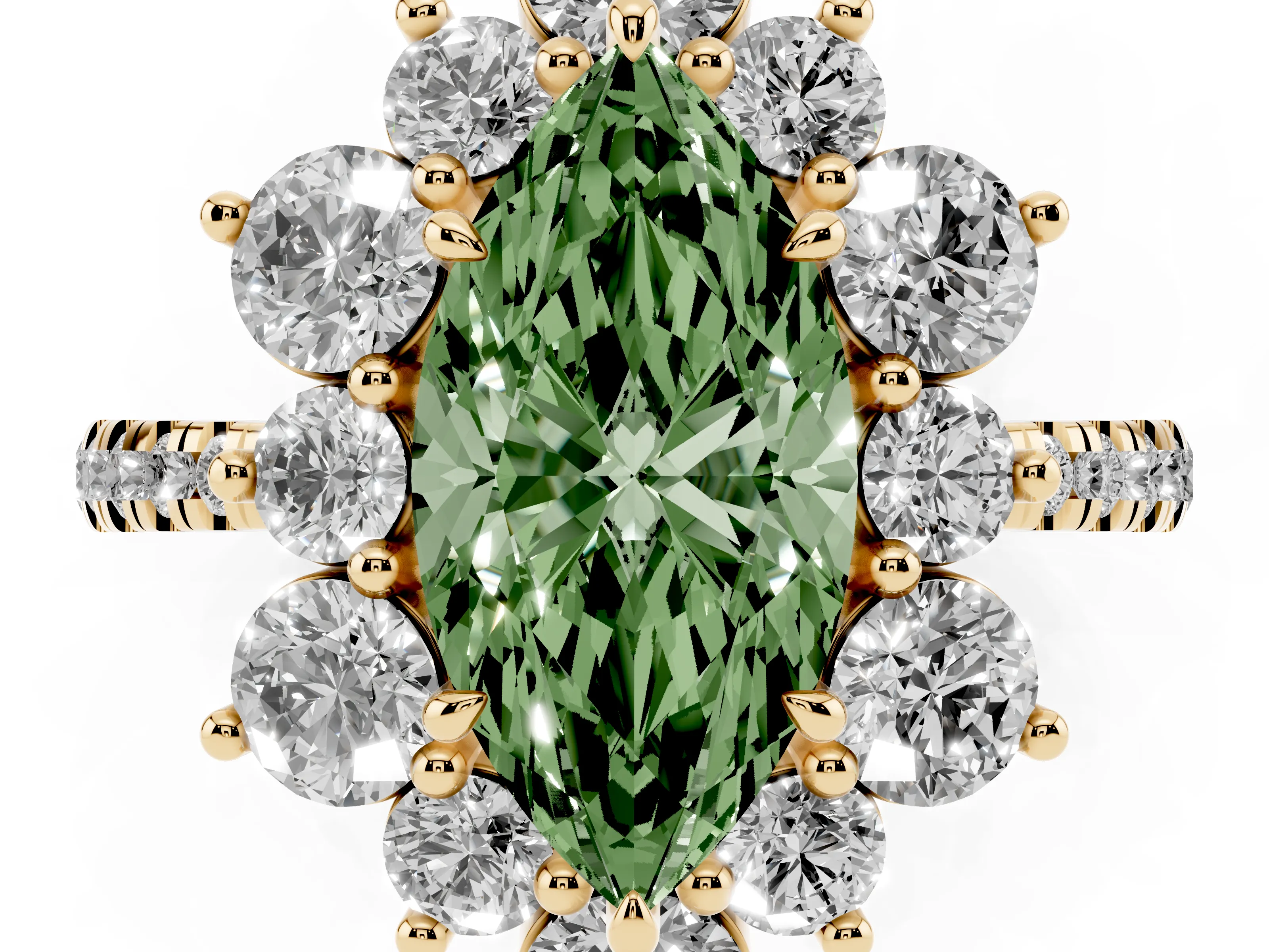 Fancy Green Marquise Cut Diamond Floral Halo Ring Set in Yellow gold with Round Pavé Band and Prong Setting