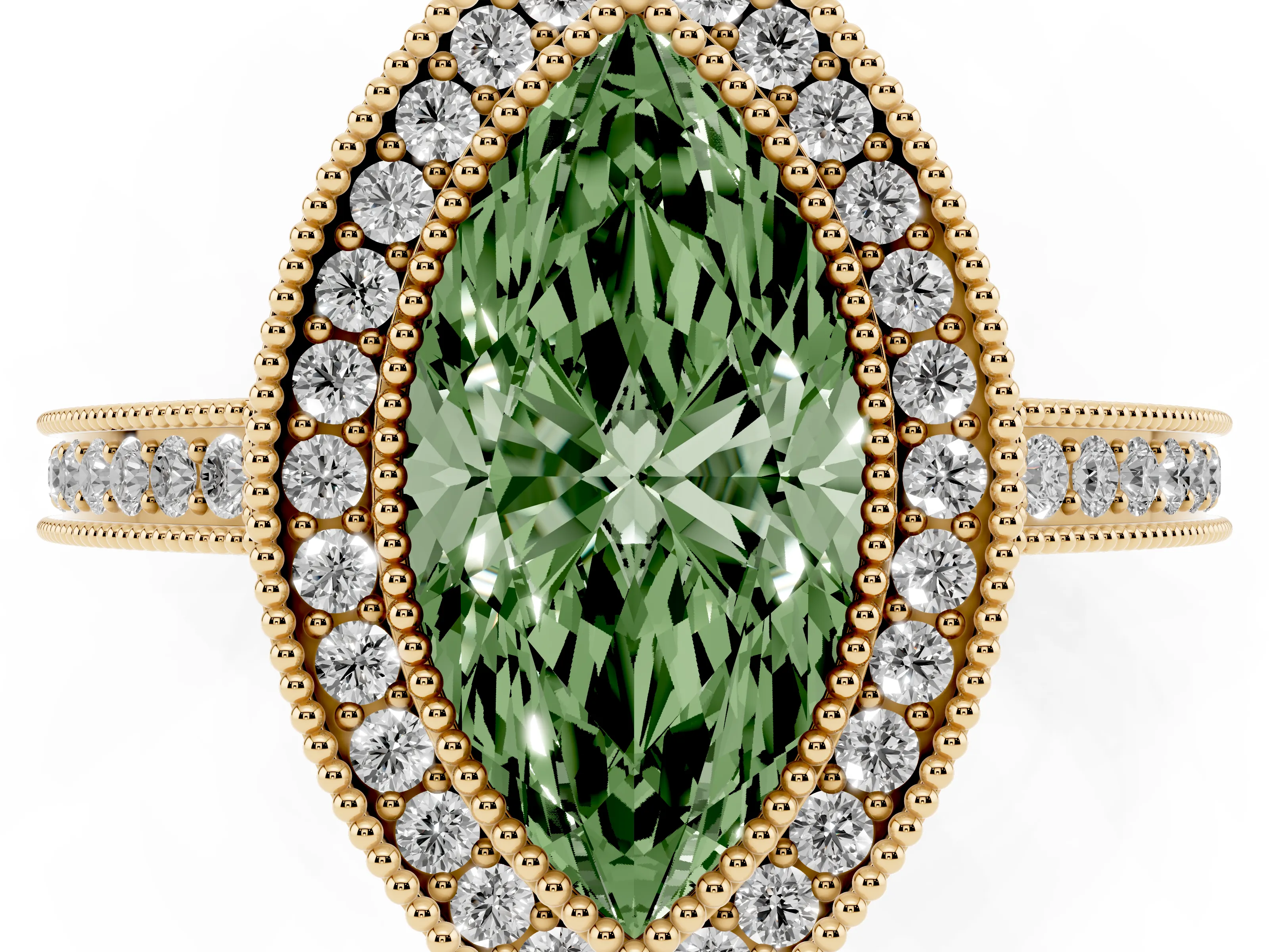 Fancy Green Marquise Cut Diamond Halo Ring Set in Yellow gold with Pavé Band and Milgrain-Edged Prongs