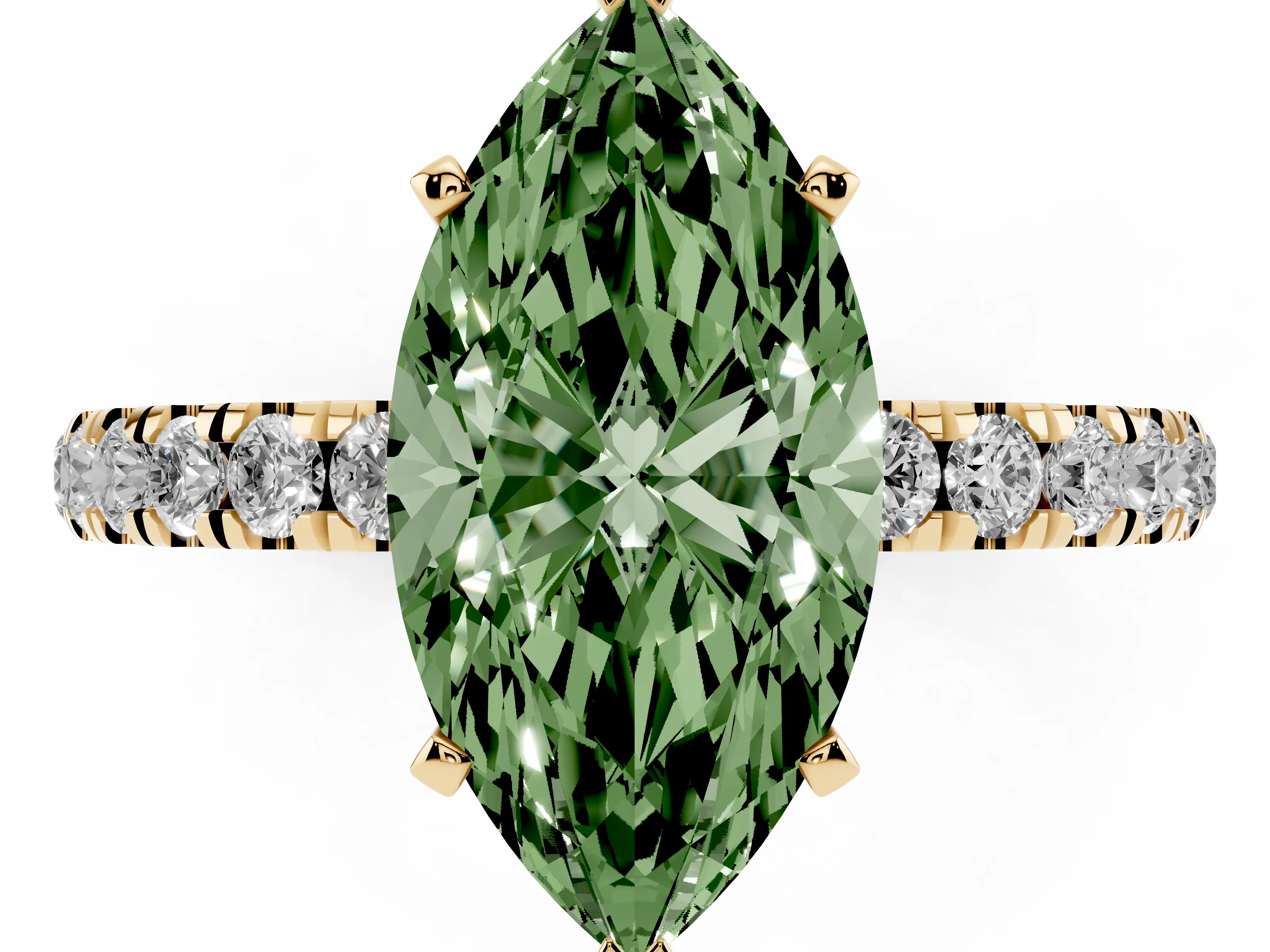 Fancy Green Marquise Cut Diamond Solitaire Ring Set in Yellow gold with Pavé Accents and Prong Setting