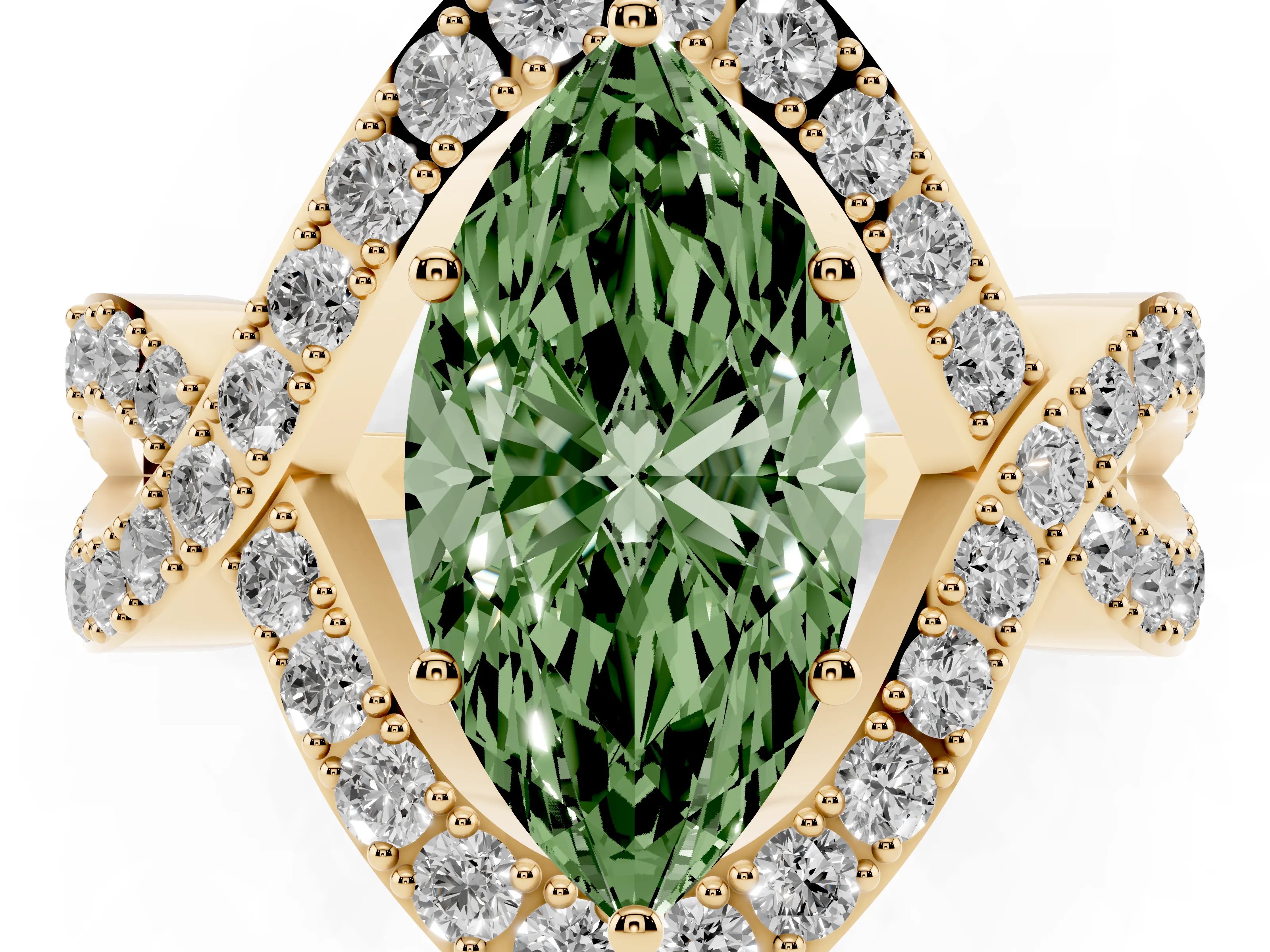Fancy Green Marquise Cut Diamond Solitaire Twist Band Pavé Engagement Ring Set in Yellow gold