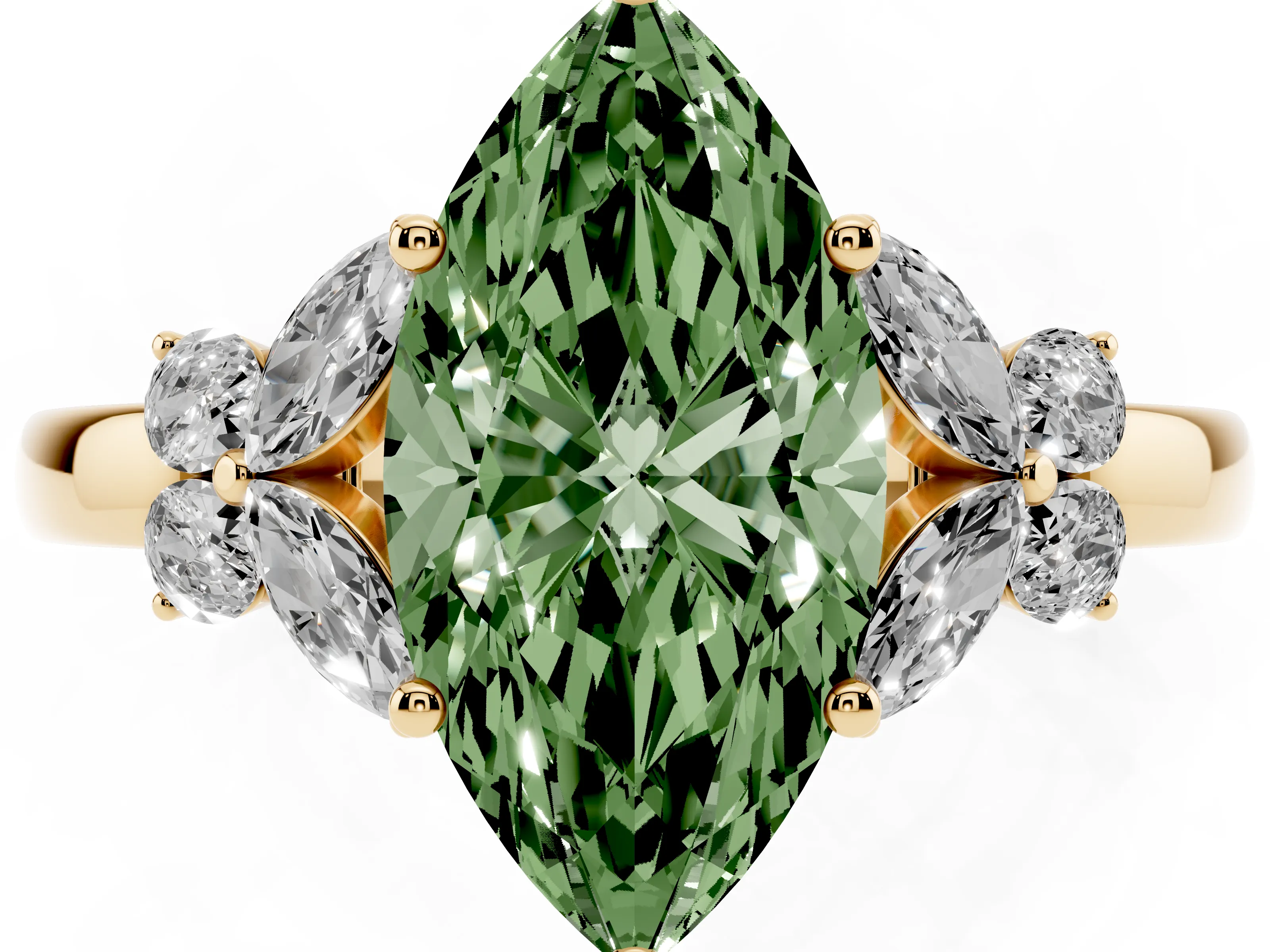 Fancy Green Marquise Cut Diamond Solitaire Floral Ring Set in Yellow gold with Marquise Petals and Prong Setting