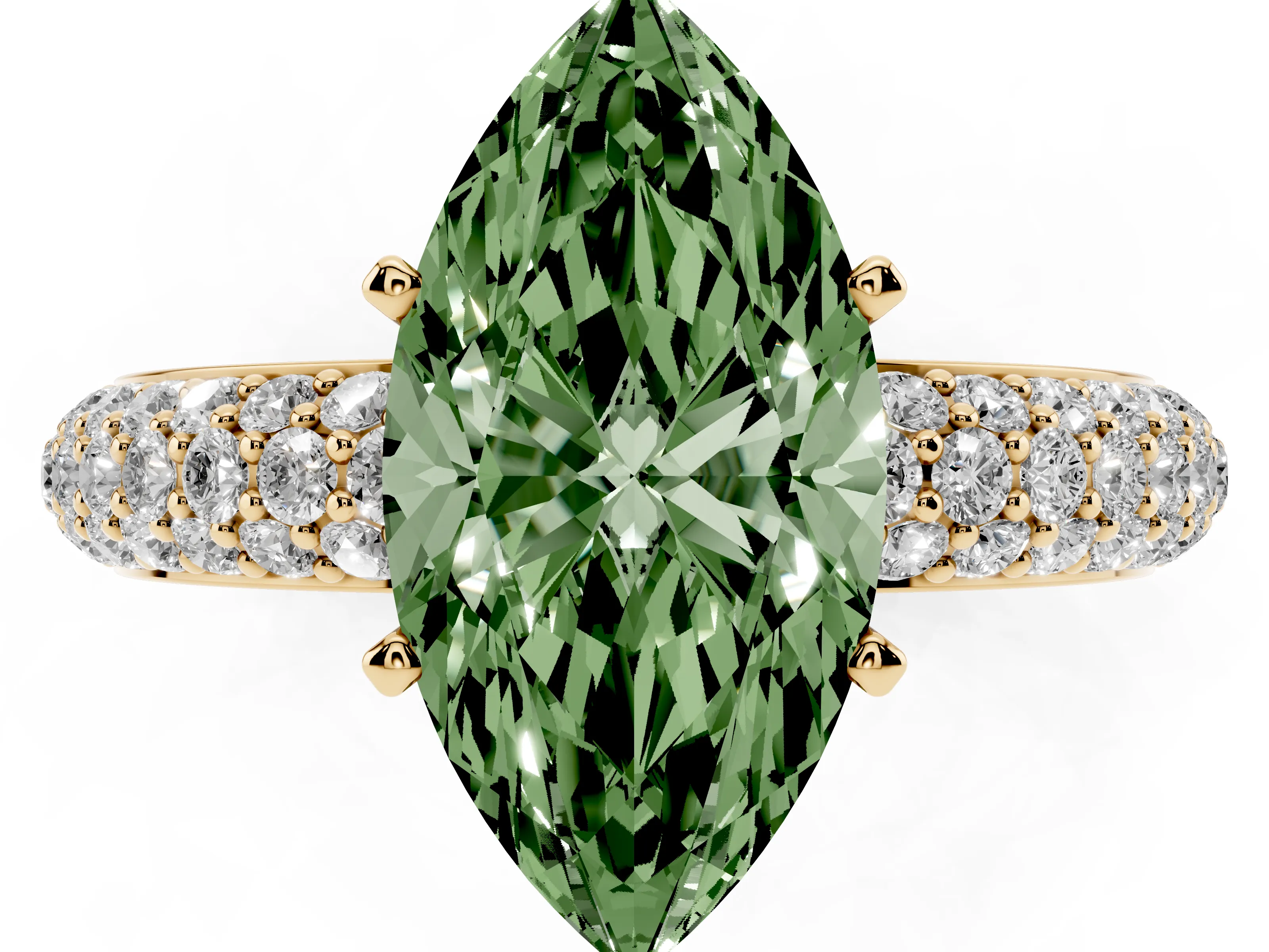 Fancy Green Marquise Cut Diamond Solitaire Ring Set in Yellow gold with Prong Setting and Pavé-Set Band