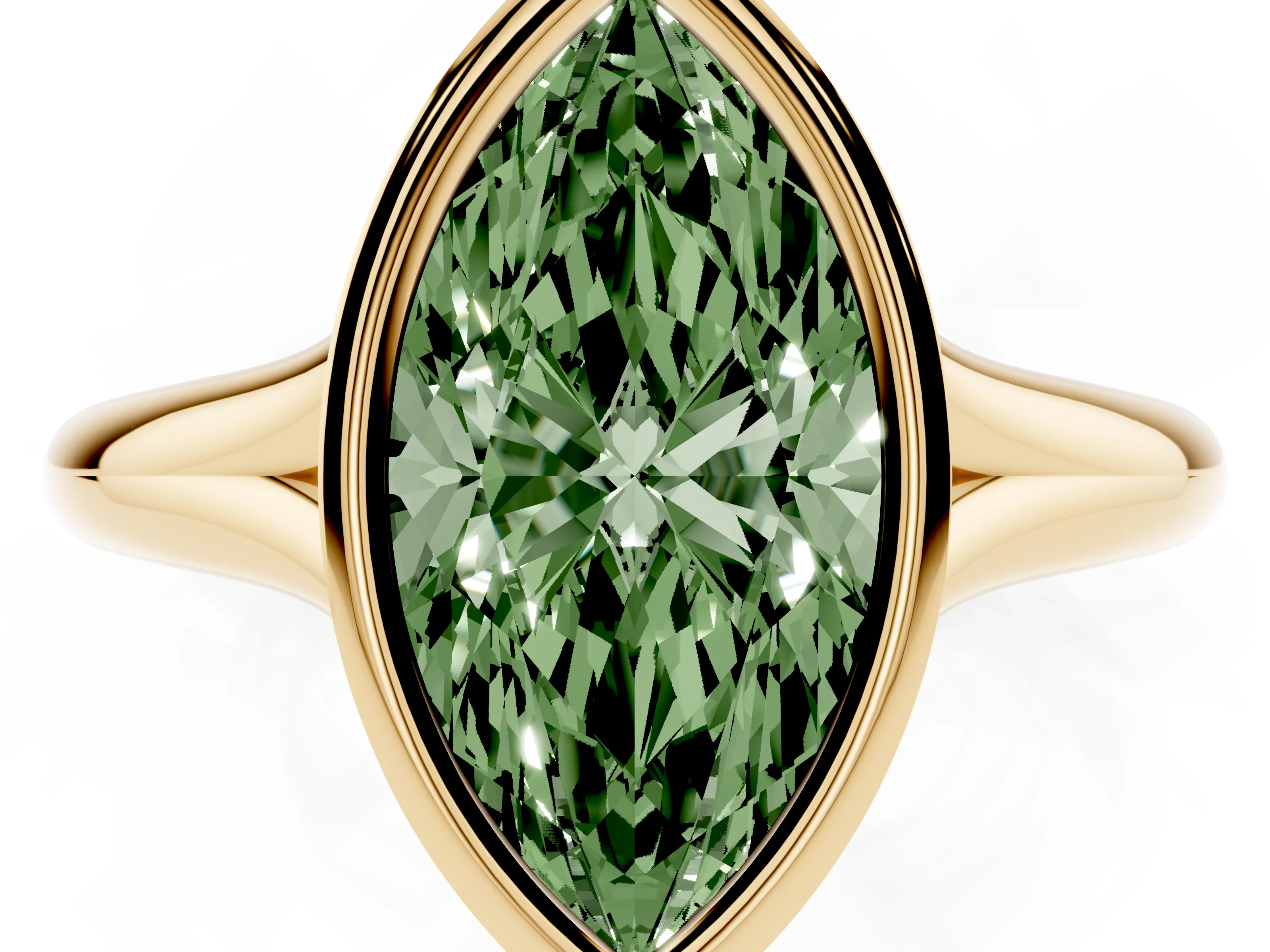 Fancy Green Bezel Set Marquise Cut Diamond Solitaire Ring Set in Yellow gold with Smooth Band