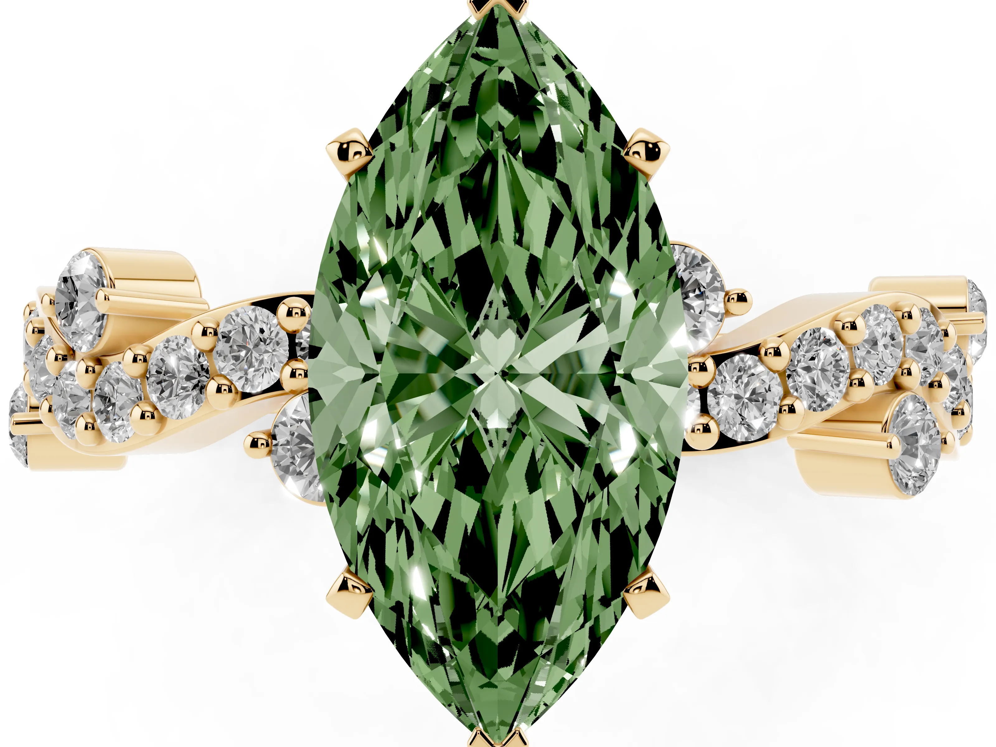 Fancy Green Marquise Cut Diamond Solitaire Twisted Band Set in Yellow gold with Pavé Setting
