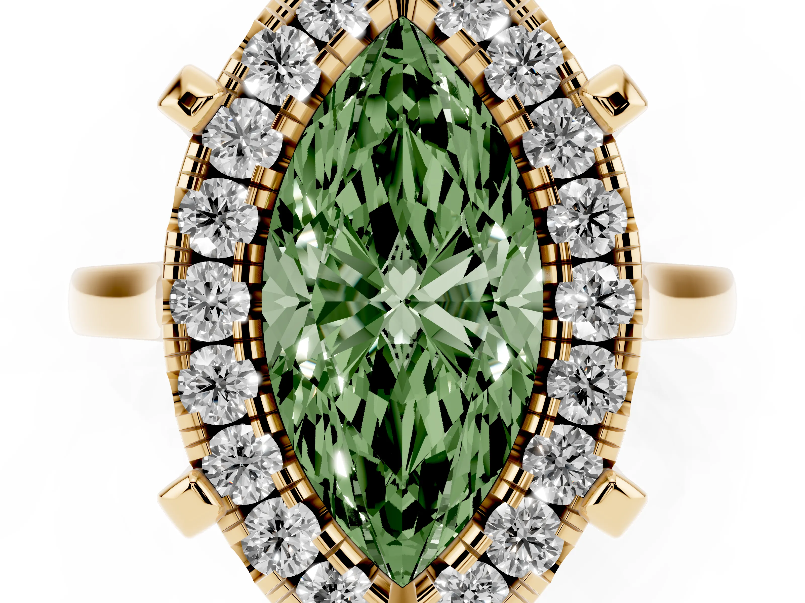 Fancy Green Marquise Cut Diamond Cluster Halo Solitaire Ring Set in Yellow gold with Prong Setting