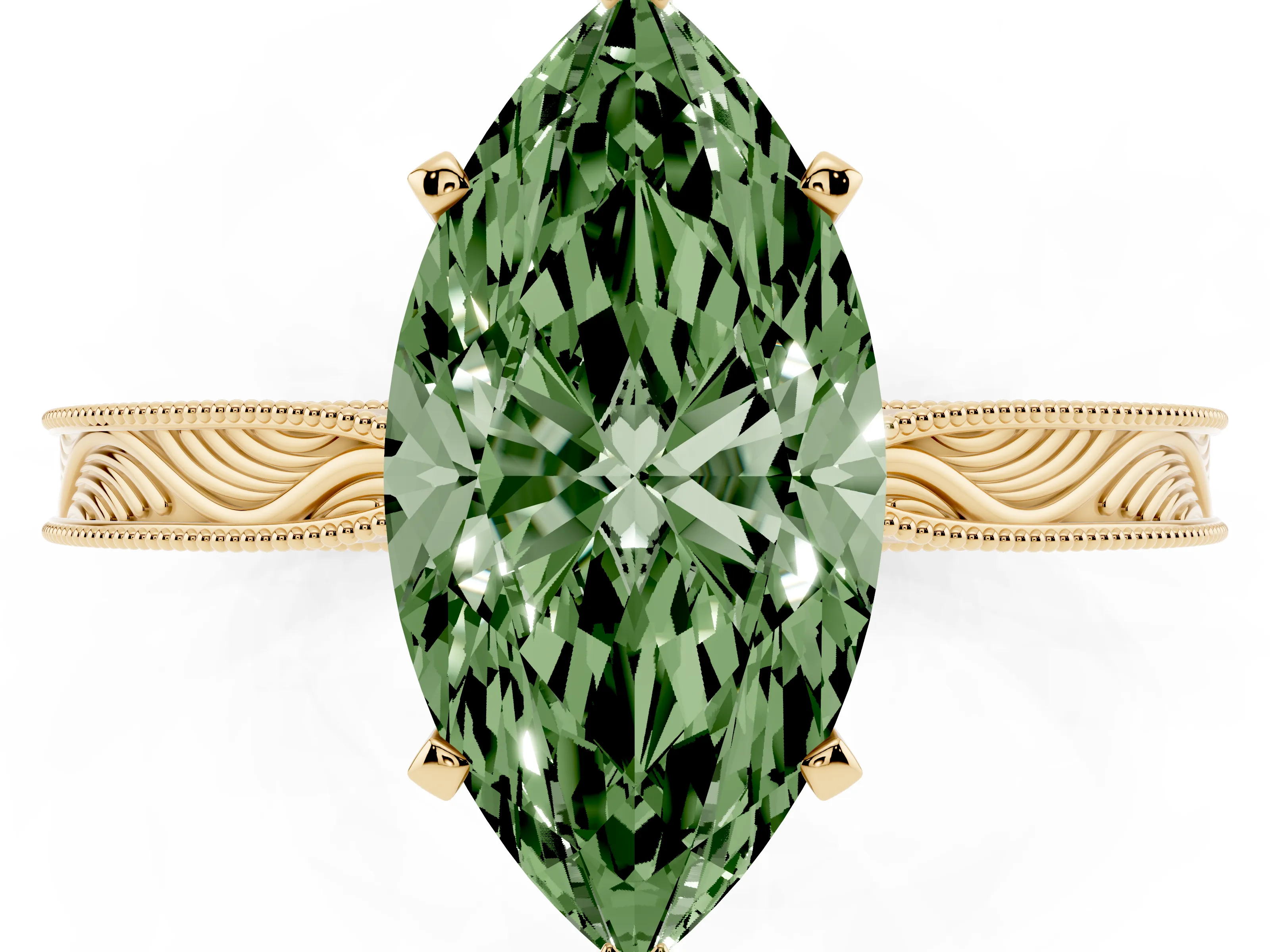 Fancy Green Marquise Cut Diamond Solitaire Milgrain Engraved Band Set in Yellow gold with Prong Setting
