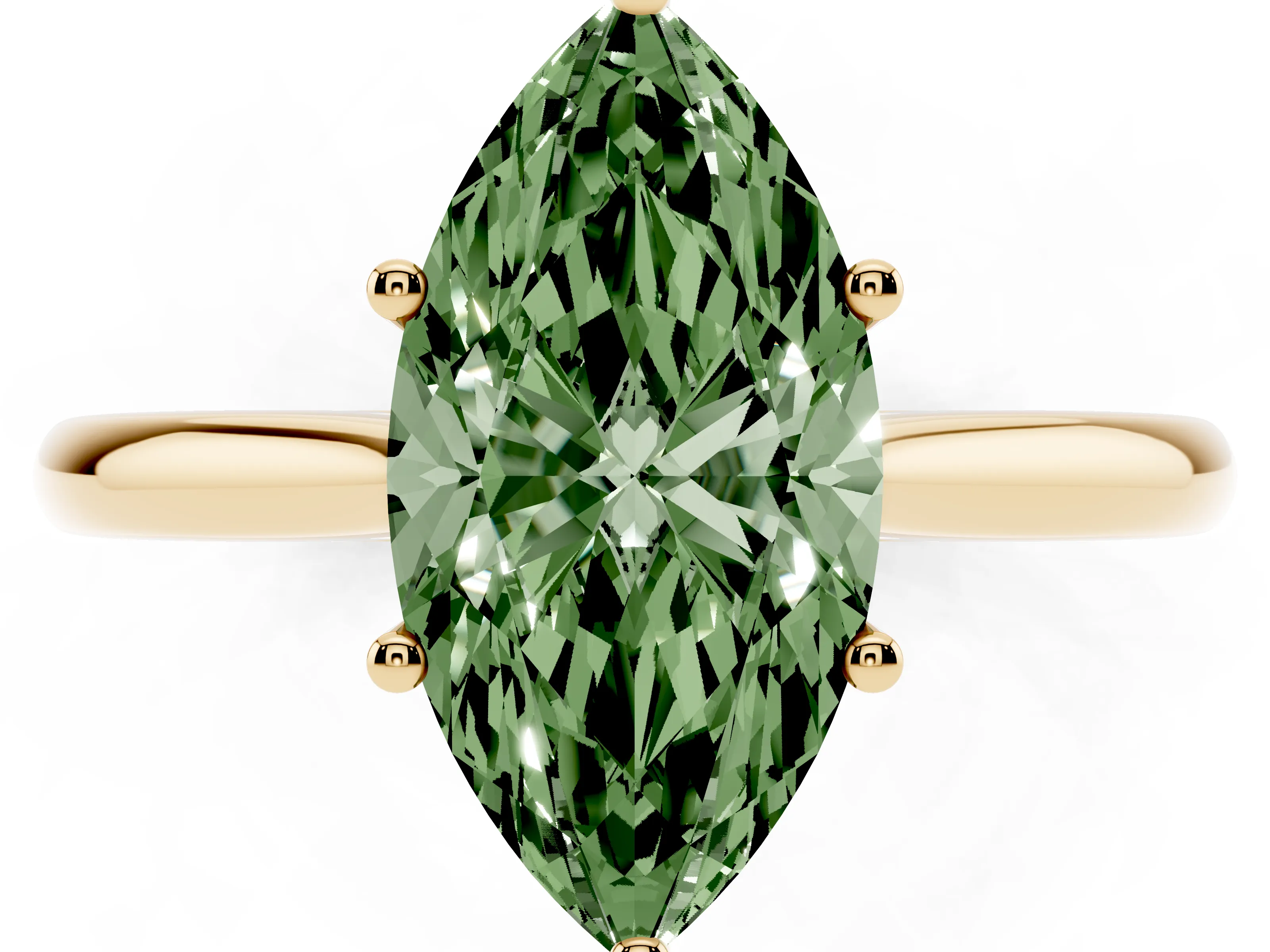 Fancy Green Marquise Cut Diamond Solitaire Ring Set in Yellow gold with Cathedral Band and Prong Setting