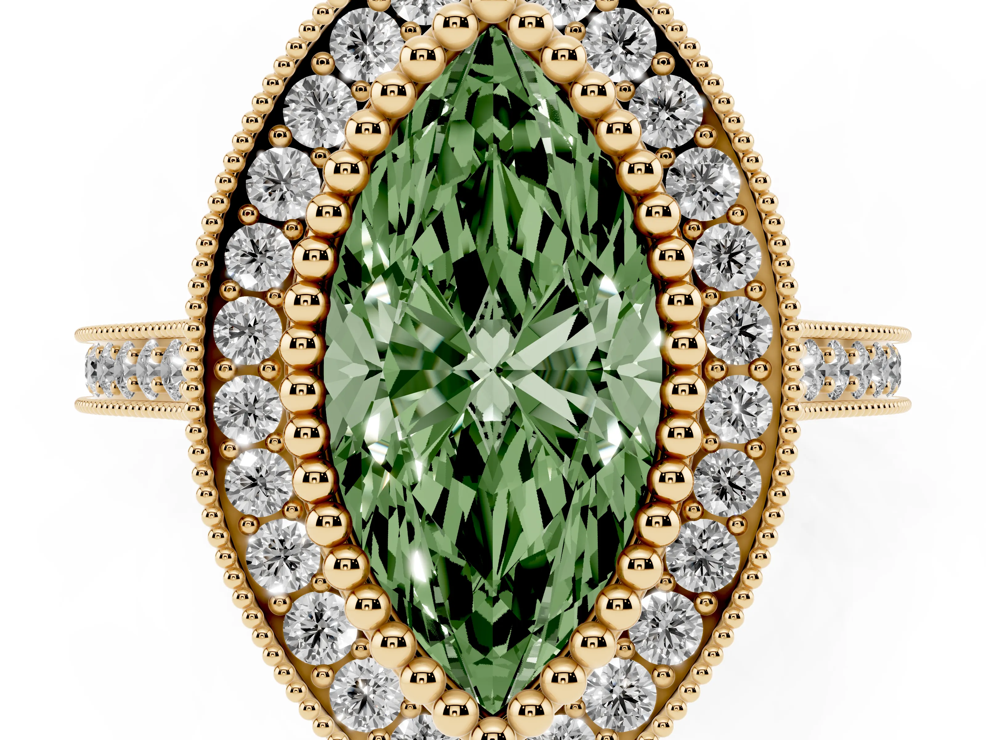 Fancy Green Marquise Cut Diamond Halo Ring Set in Yellow gold with Milgrain Frame and Pavé Band
