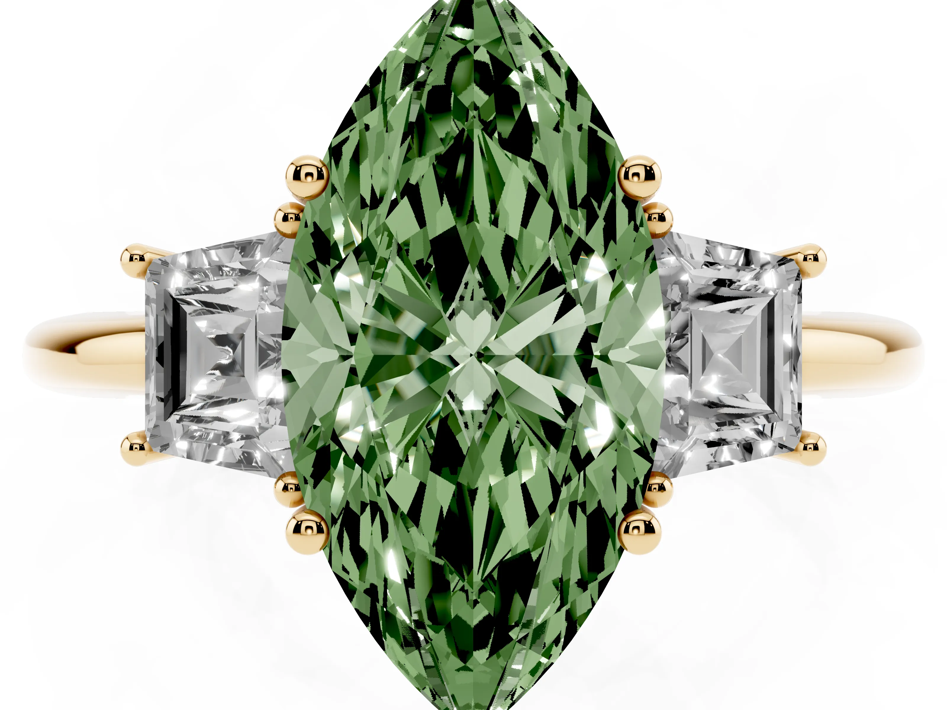 Fancy Green Marquise Cut Diamond Three-Stone Ring Set in Yellow gold with Trapezoid Side Stones and Prong Setting