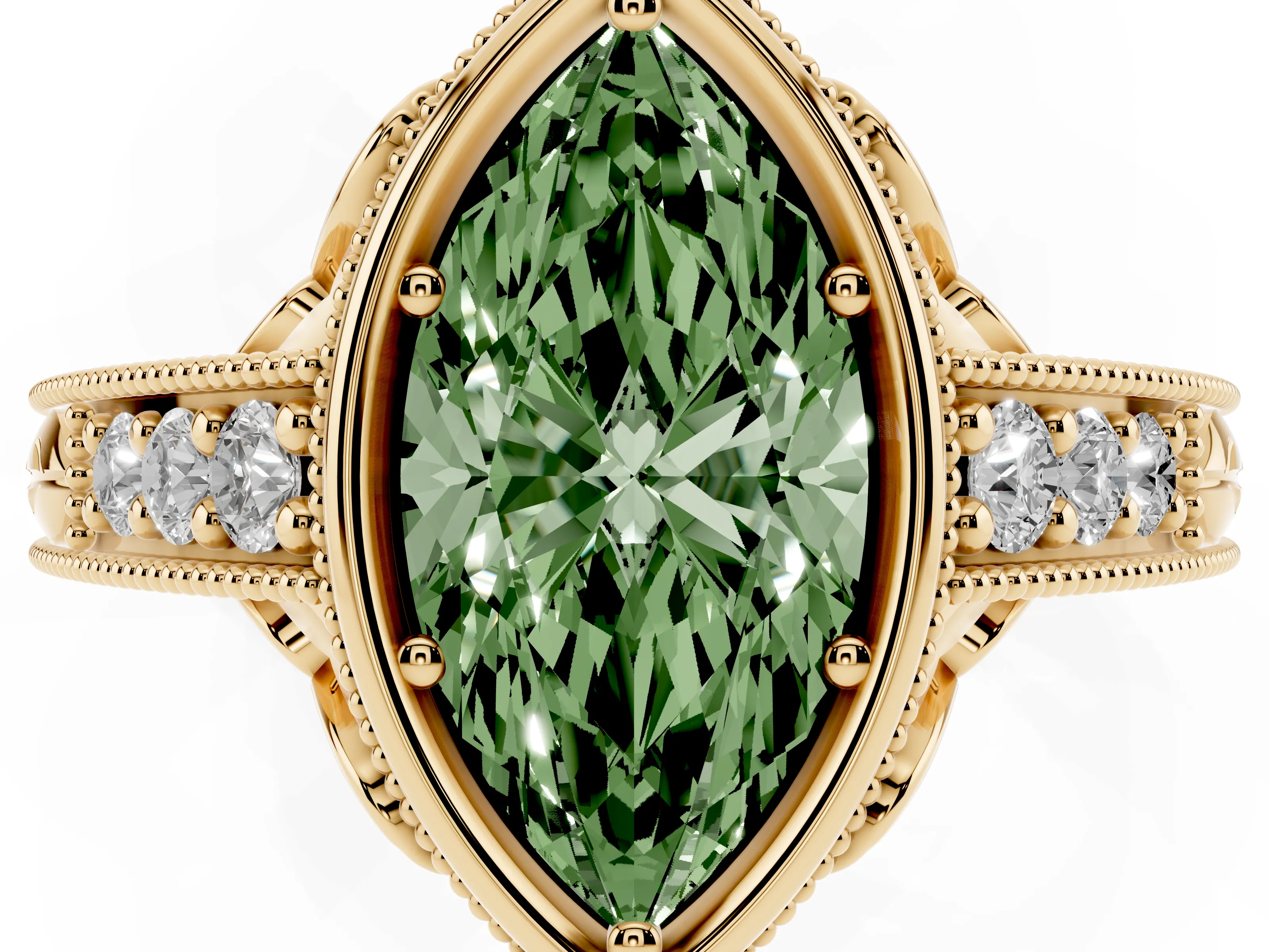 Fancy Green Bezel Set Marquise Cut Diamond Milgrain Pavé Engagement Ring Set in Yellow gold
