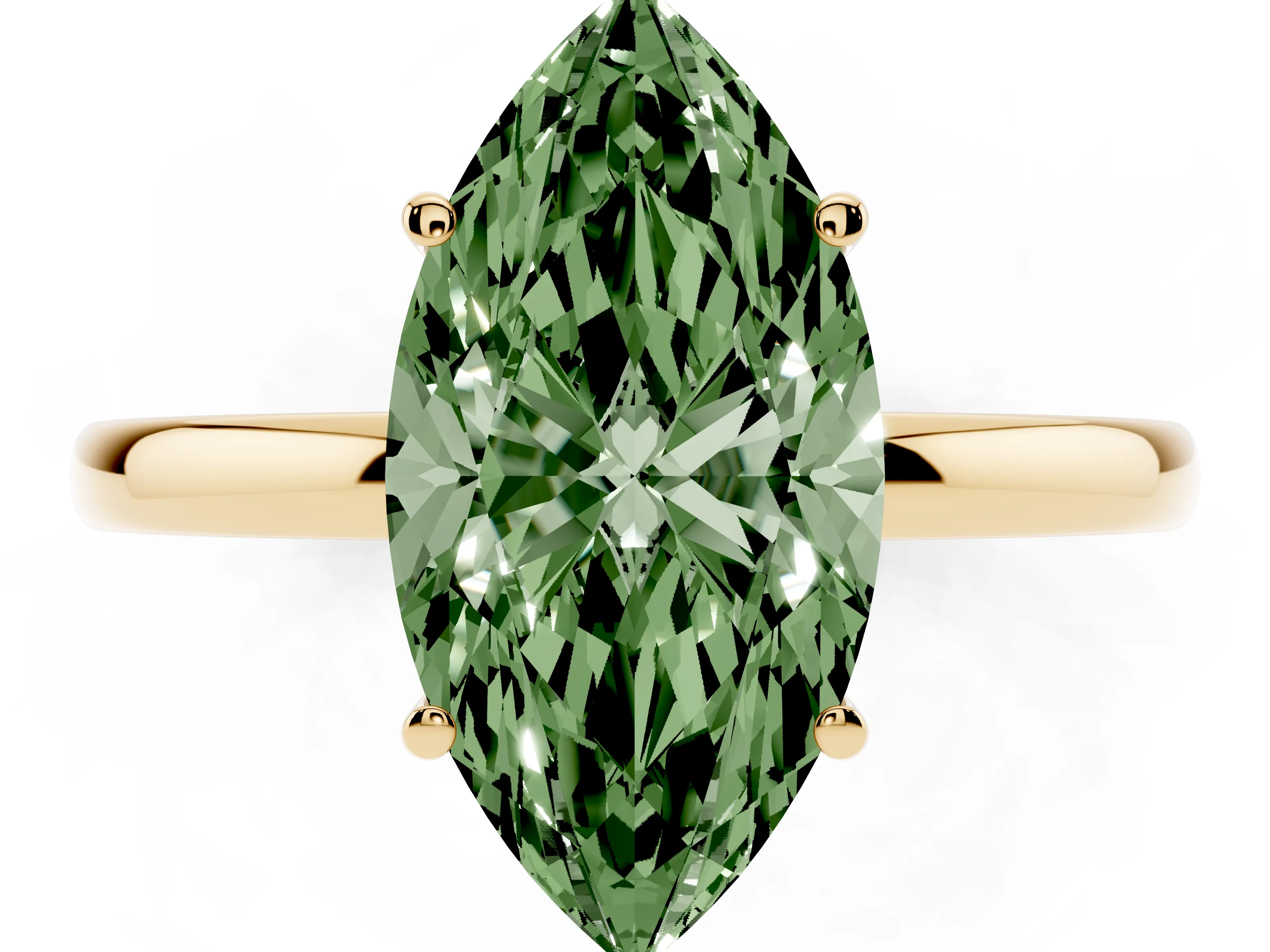 Fancy Green Marquise Cut Diamond Solitaire Ring Set in Yellow gold with Plain Band and Prong Setting