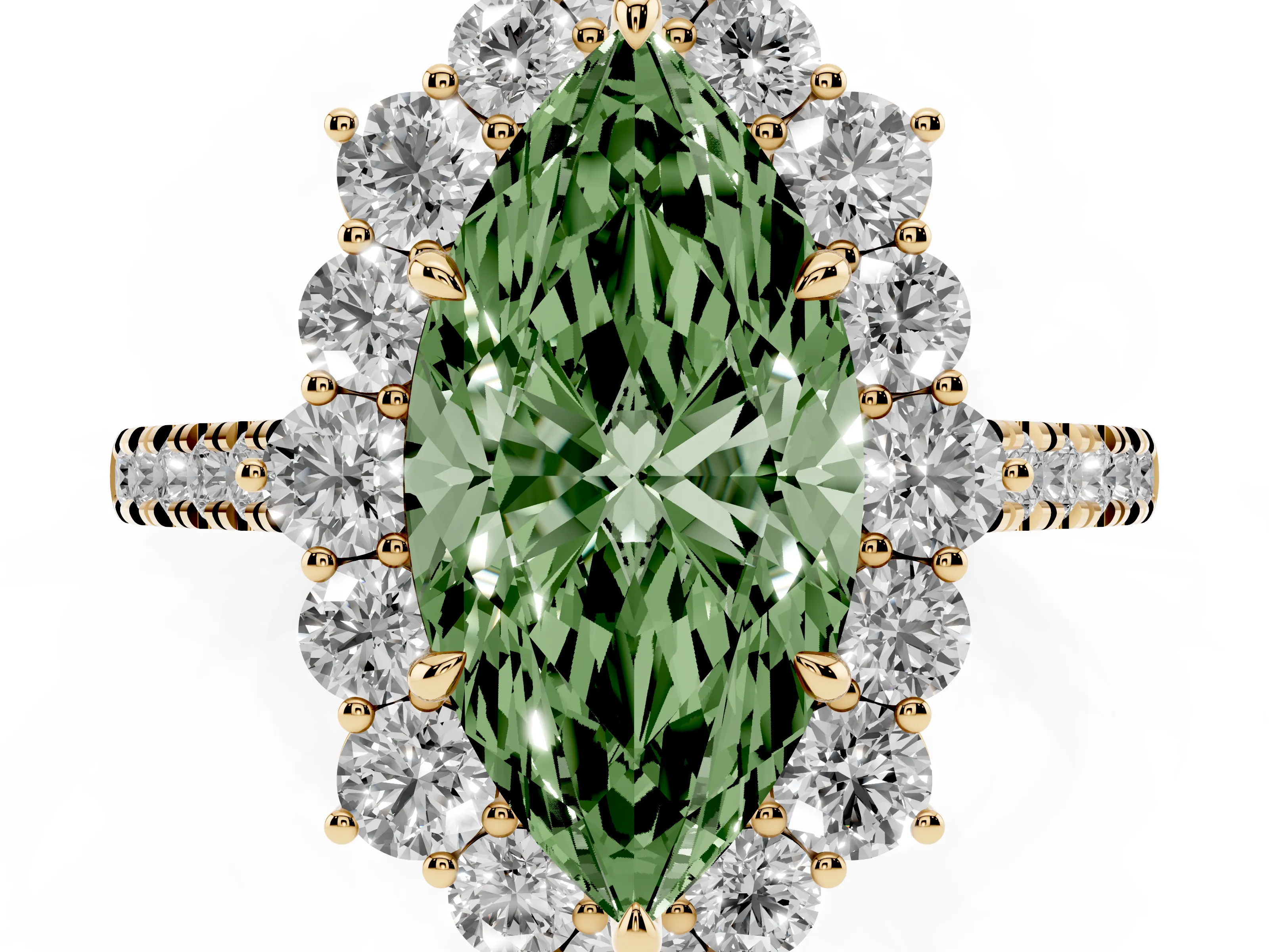 Fancy Green Marquise Cut Diamond Halo Ring Set in Yellow gold with Pavé Band and Prong Setting