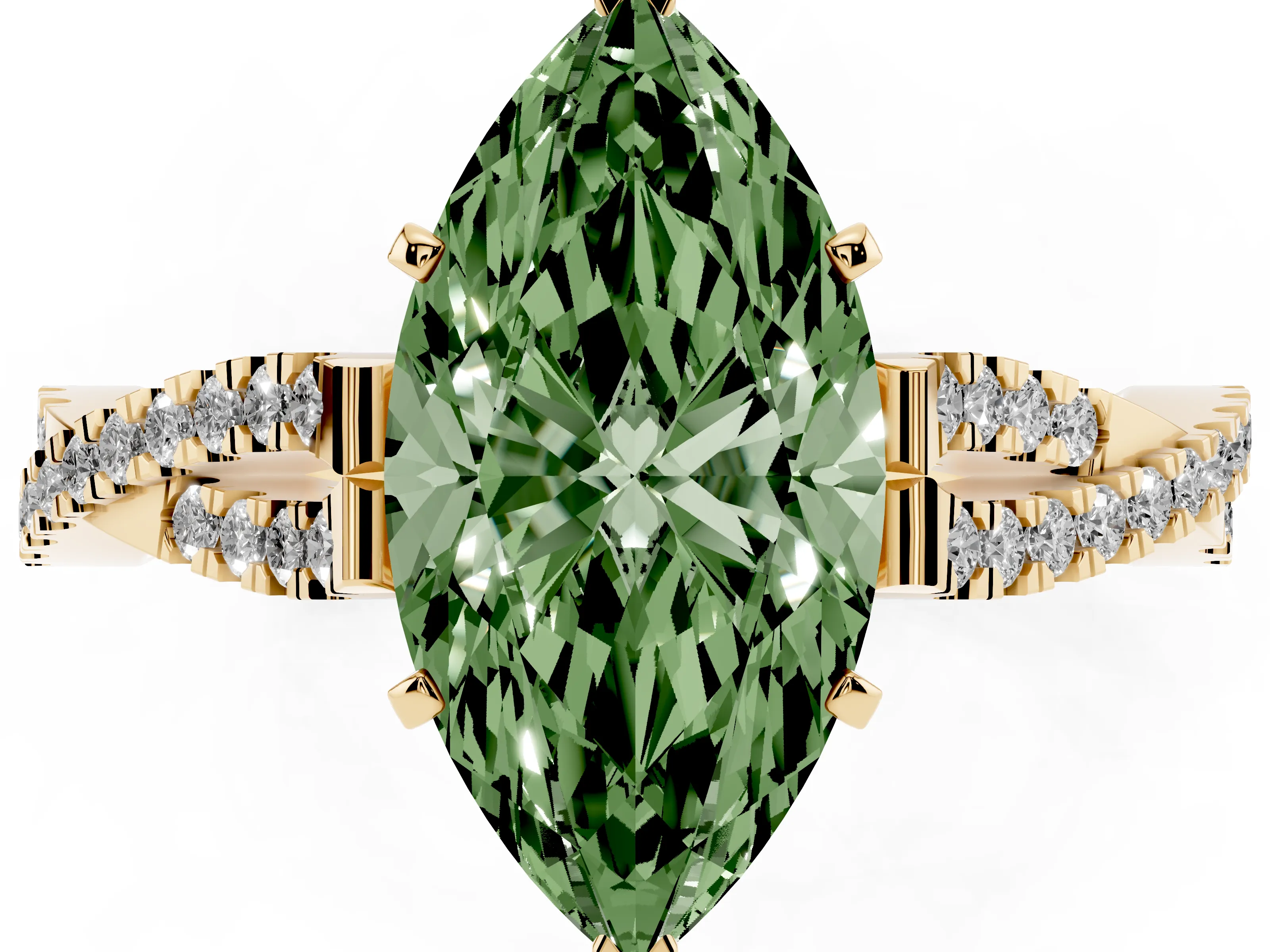 Fancy Green Marquise Cut Diamond Solitaire Engagement Ring Set in Yellow gold with Twisted Pavé Band and Prong Setting