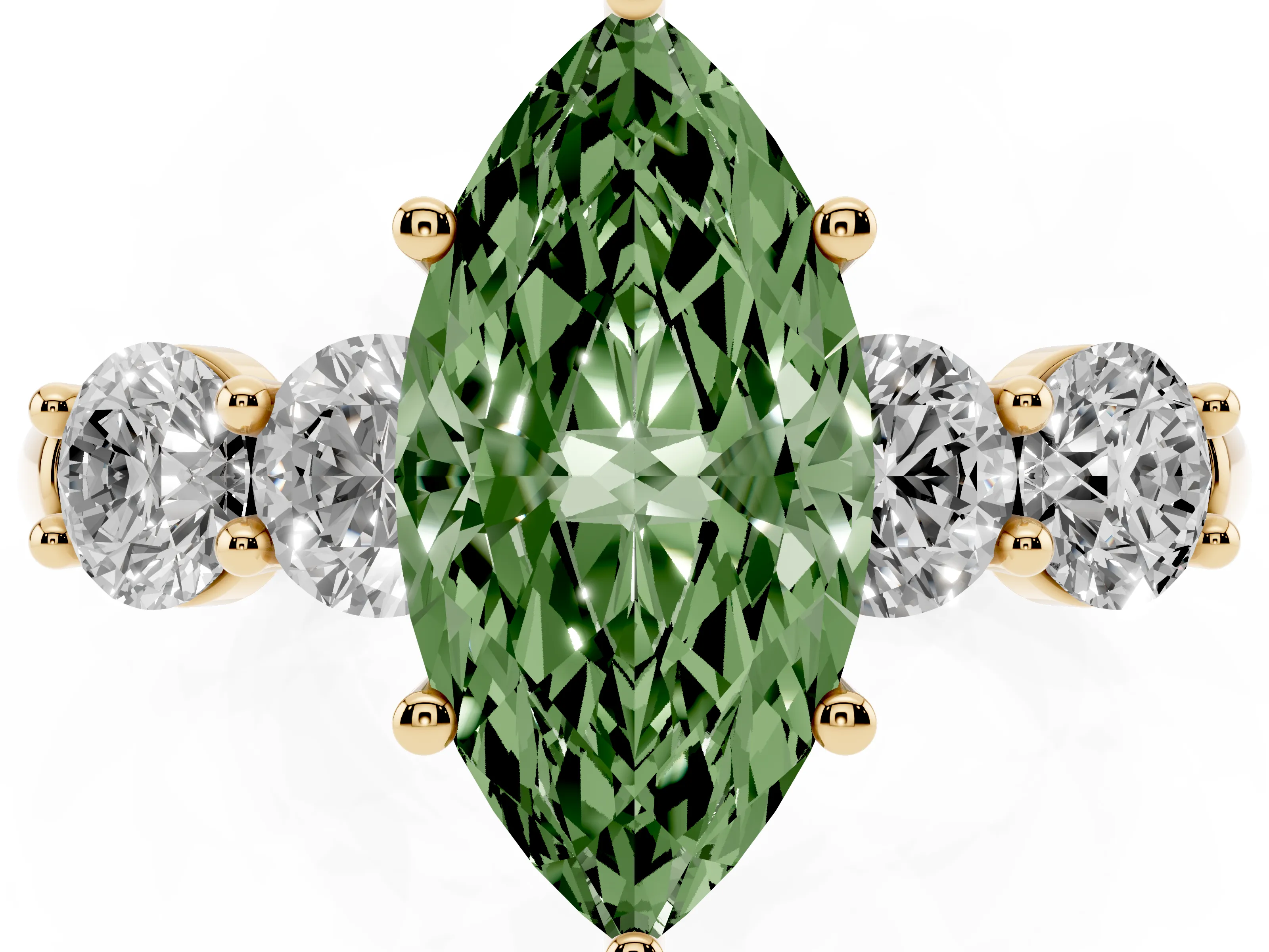 Fancy Green Marquise Cut Diamond Five-Stone Prong Set Ring Set in Yellow gold with Classic Band