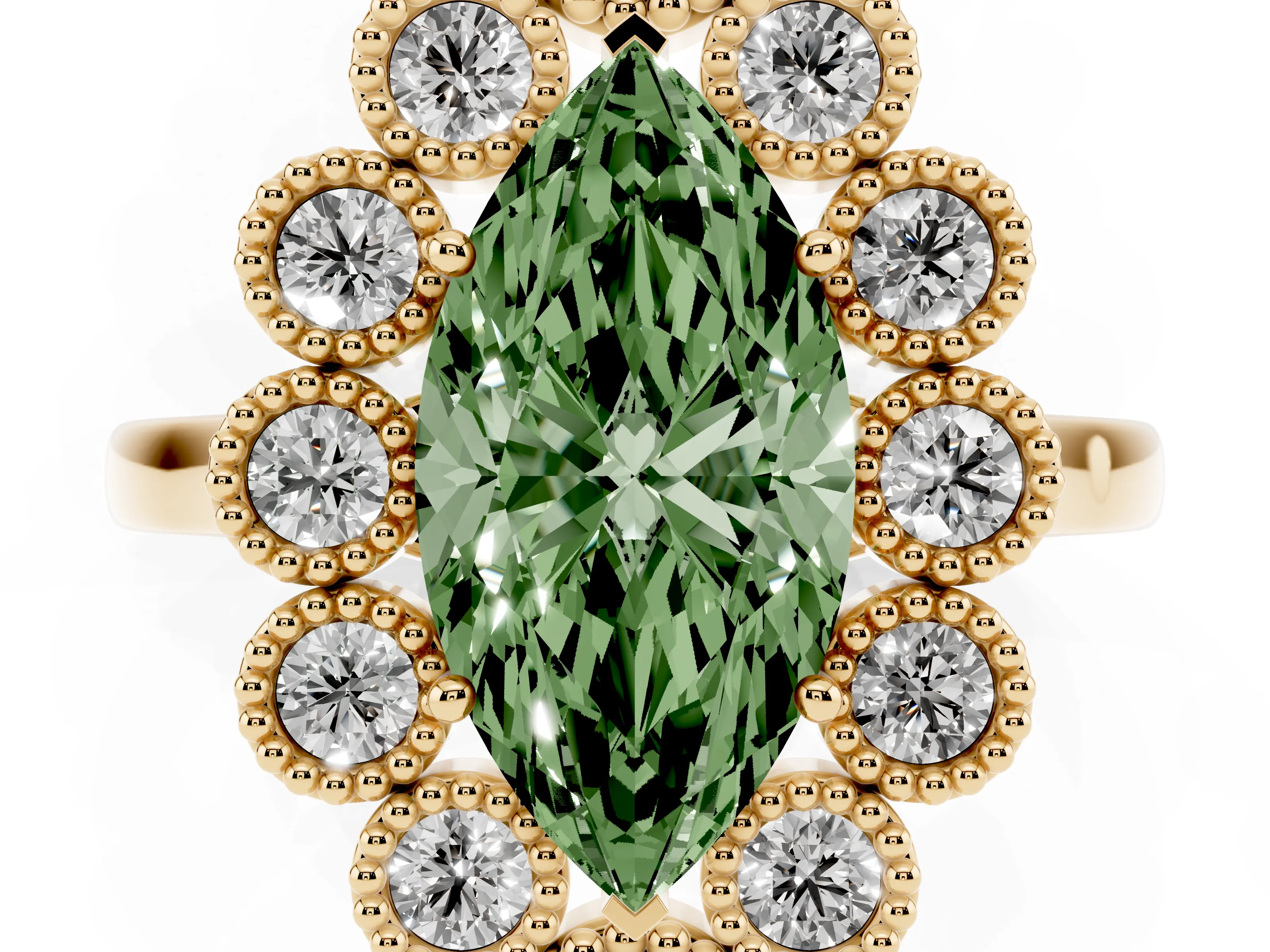 Fancy Green Marquise Cut Diamond Cluster Halo Ring Set in Yellow gold with Milgrain Bezel Accents and Plain Band