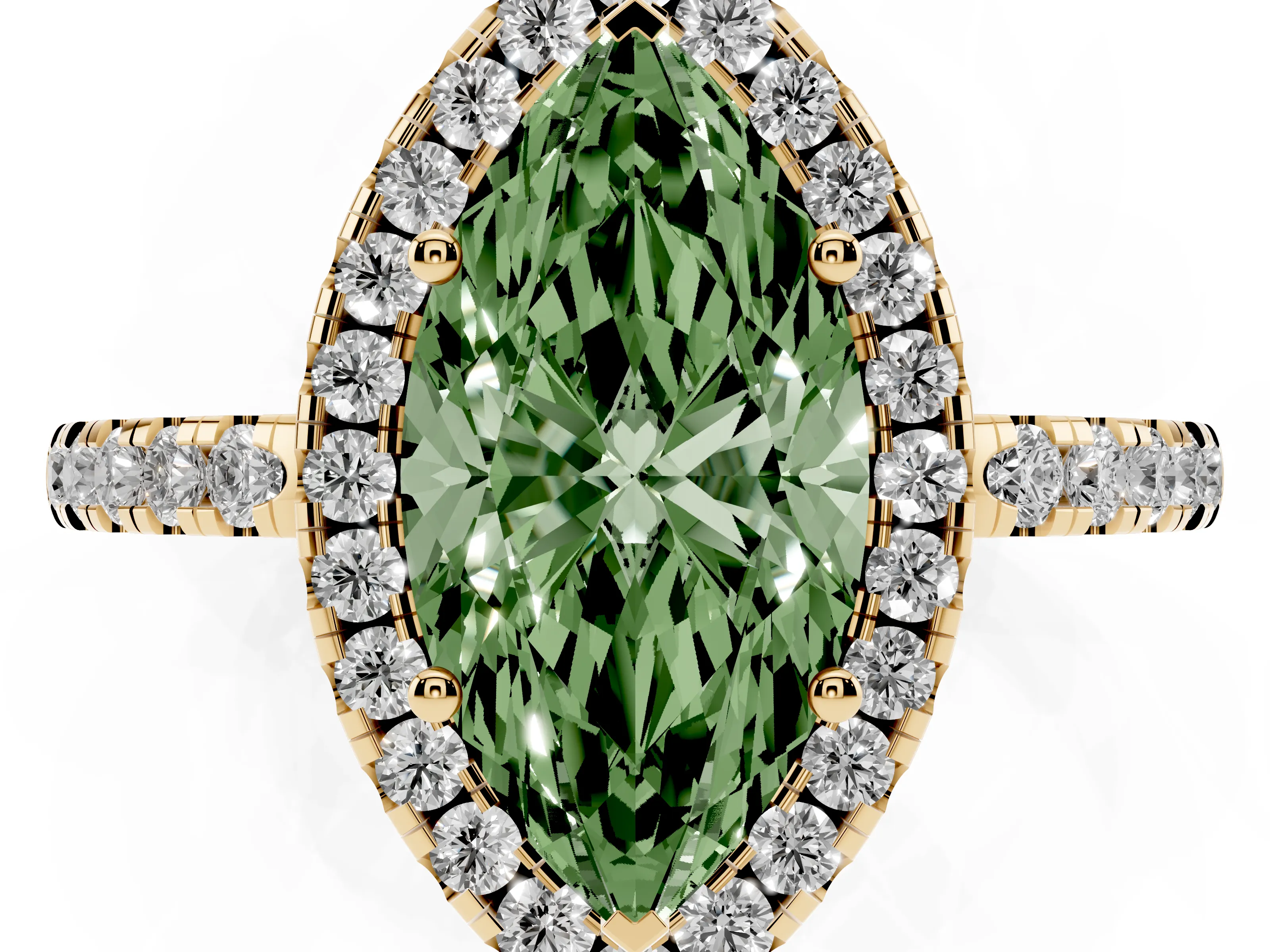 Fancy Green Marquise Cut Diamond Pavé Band Halo Engagement Ring Set in Yellow gold with Prong Setting