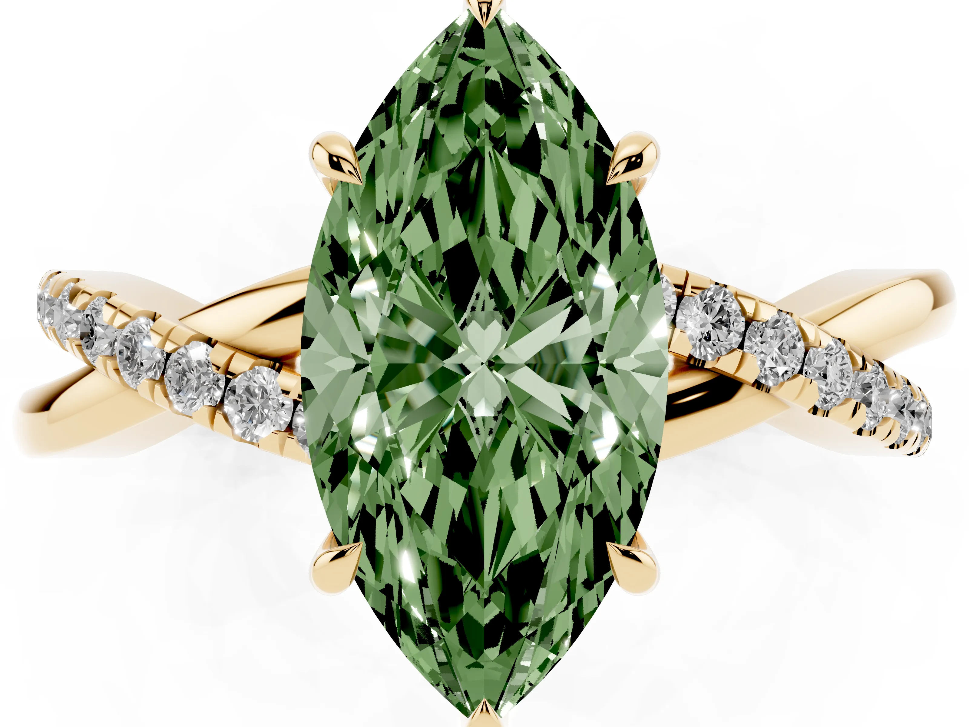 Fancy Green Marquise Cut Diamond Twisted Pavé Band Ring Set in Yellow gold with Prong Setting