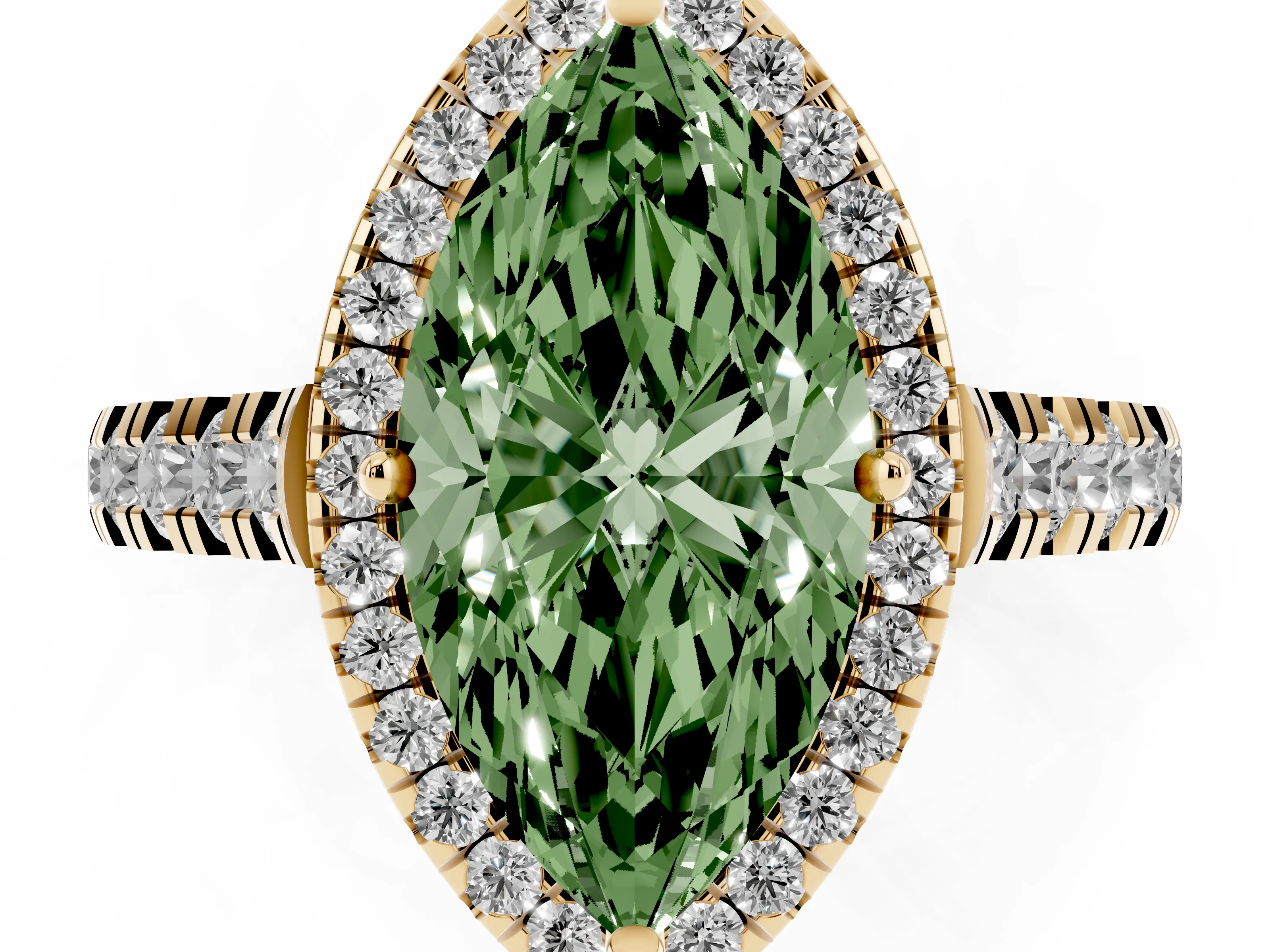 Fancy Green Marquise Cut Diamond Halo Engagement Ring Set in Yellow gold with Pavé Band and Prong-Set Center
