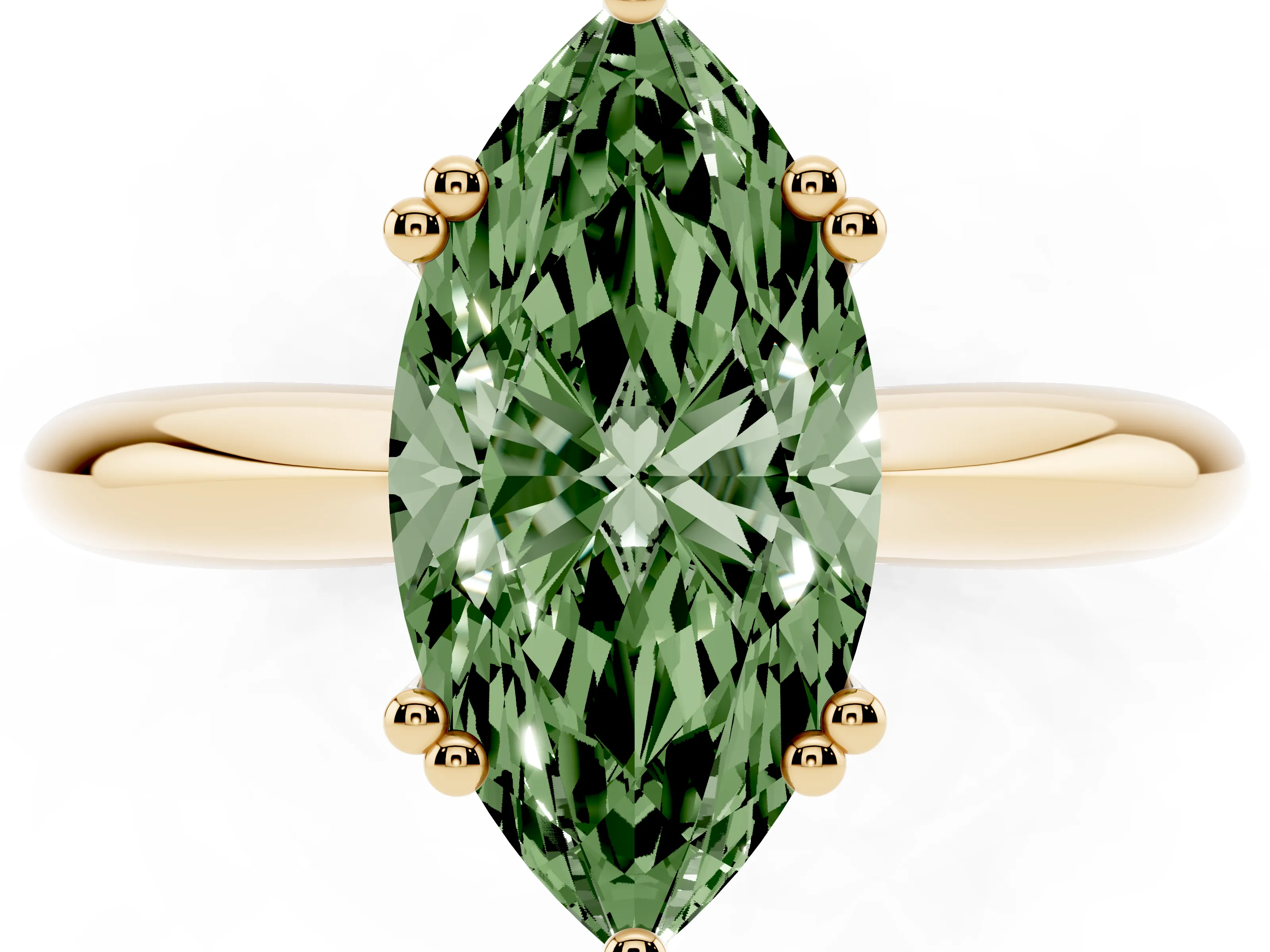 Fancy Green Marquise Cut Diamond Solitaire Engagement Ring Set in Yellow gold with Tapered Band and Prong Setting