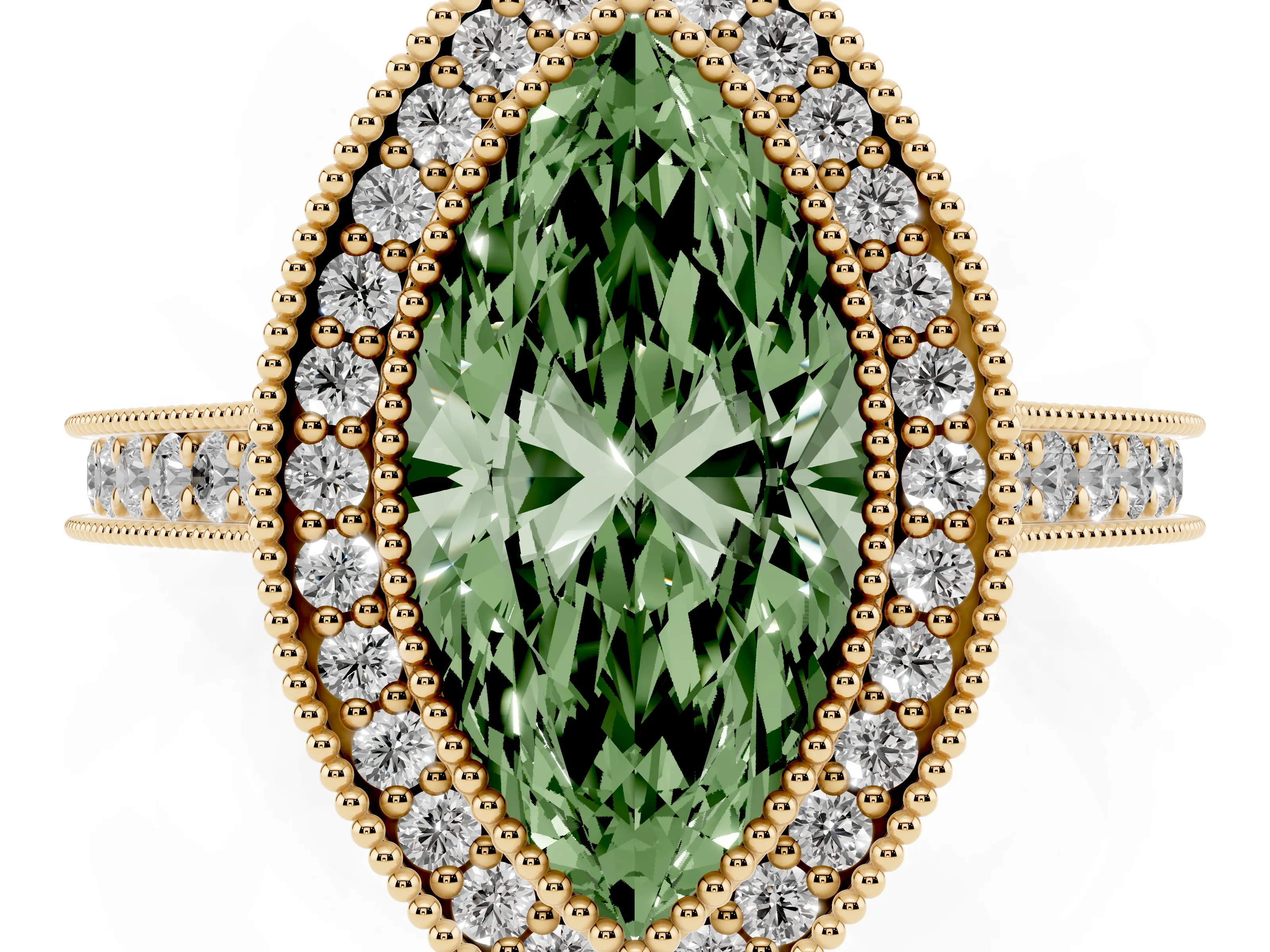 Fancy Green Marquise Cut Diamond Halo Milgrain Pavé Band Ring Set in Yellow gold with Prong Setting