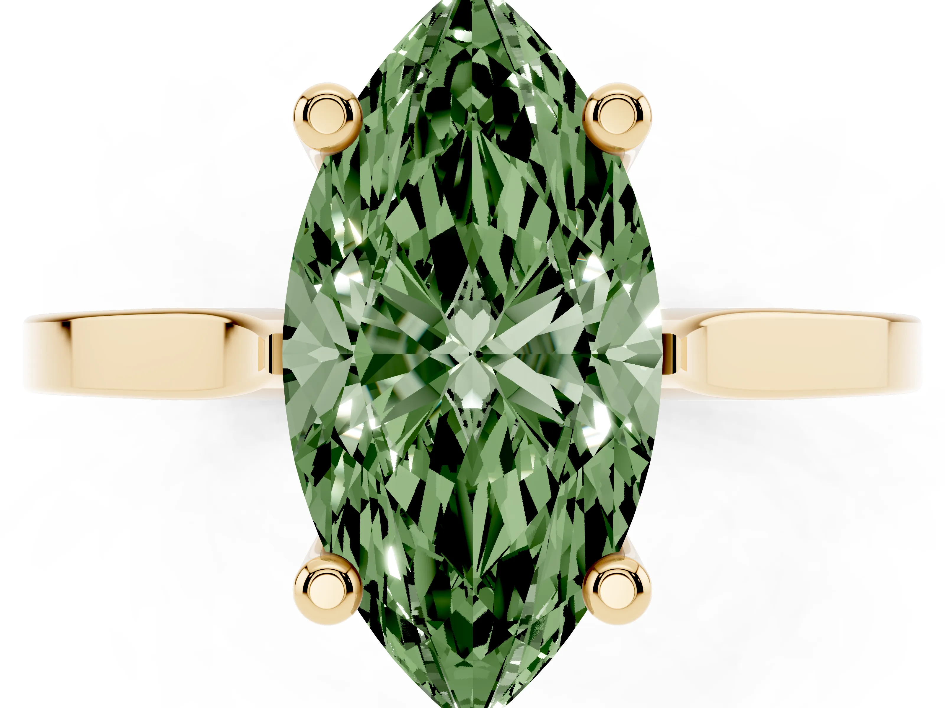 Fancy Green Marquise Cut Diamond Solitaire Ring Set in Yellow gold with Prong Setting and Tapered Band
