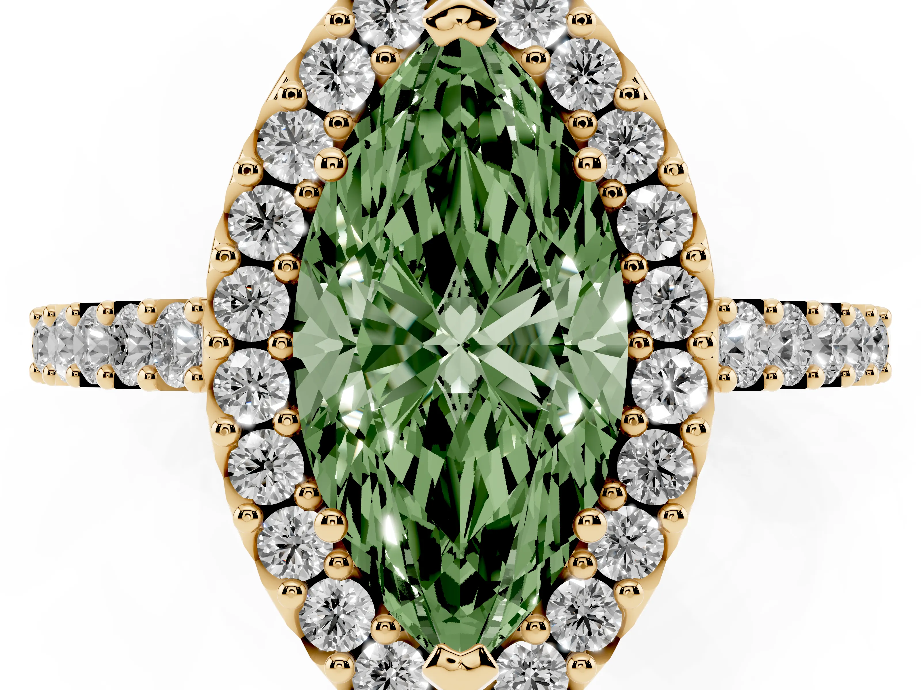 Fancy Green Marquise Cut Diamond Halo Pavé Solitaire Ring Set in Yellow gold with Prong-Set Center Stone
