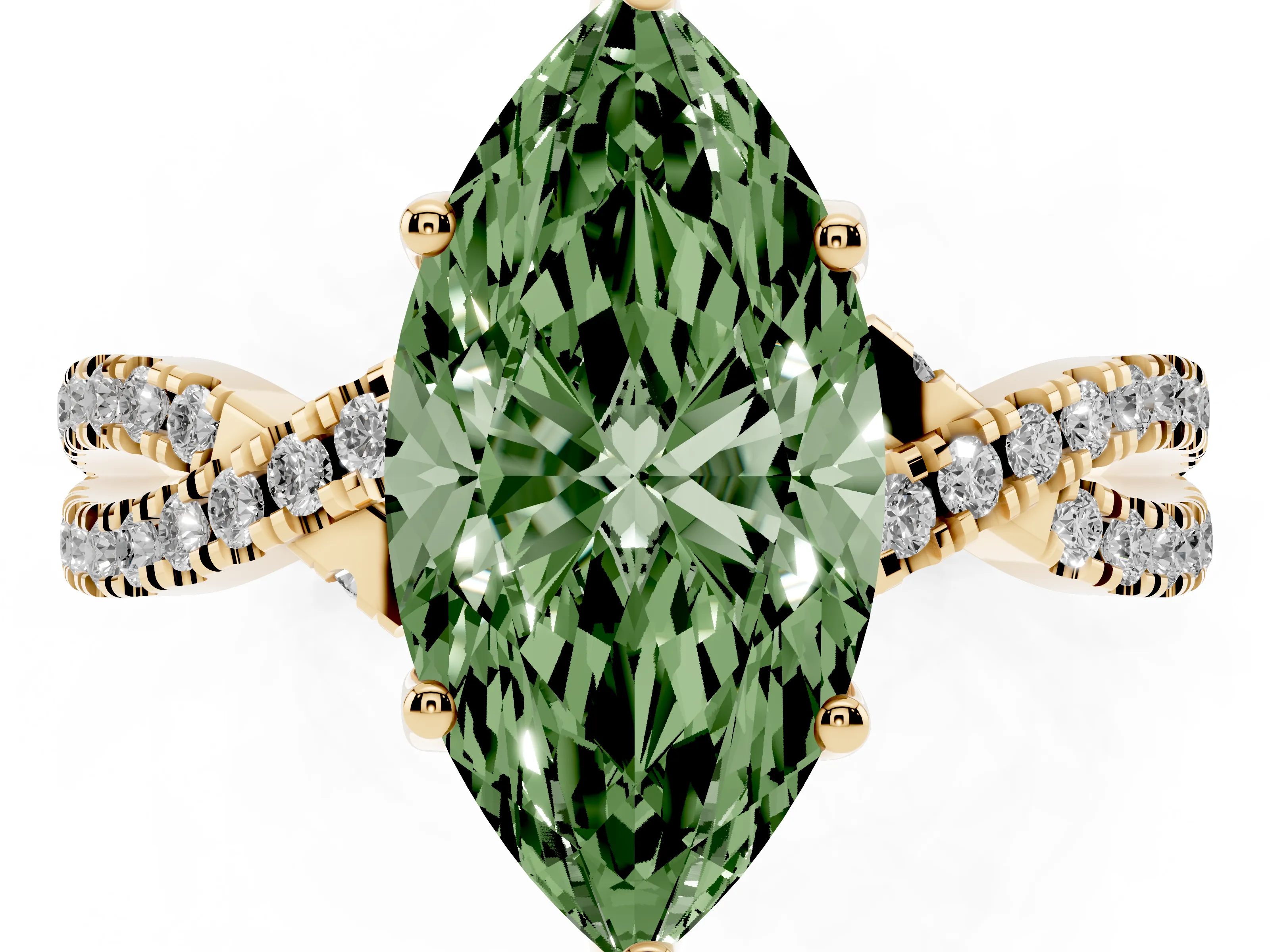 Fancy Green Marquise Cut Diamond Twist Pavé Solitaire Engagement Ring Set in Yellow gold with Prong Setting