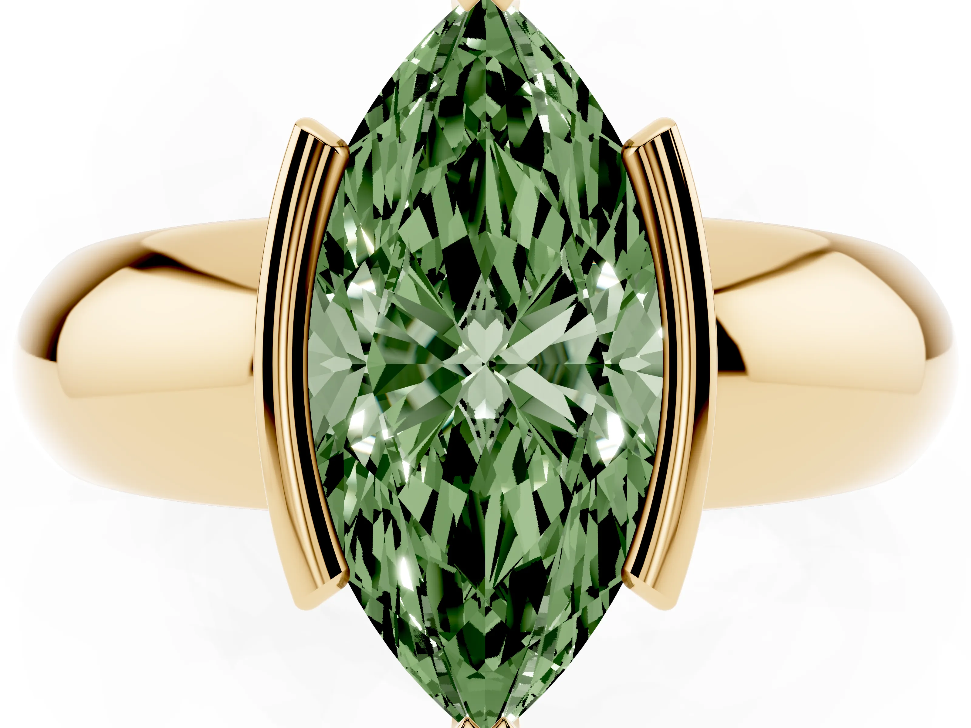 Fancy Green Marquise Cut Diamond Solitaire Tension Set Ring Set in Yellow gold with Wide Band