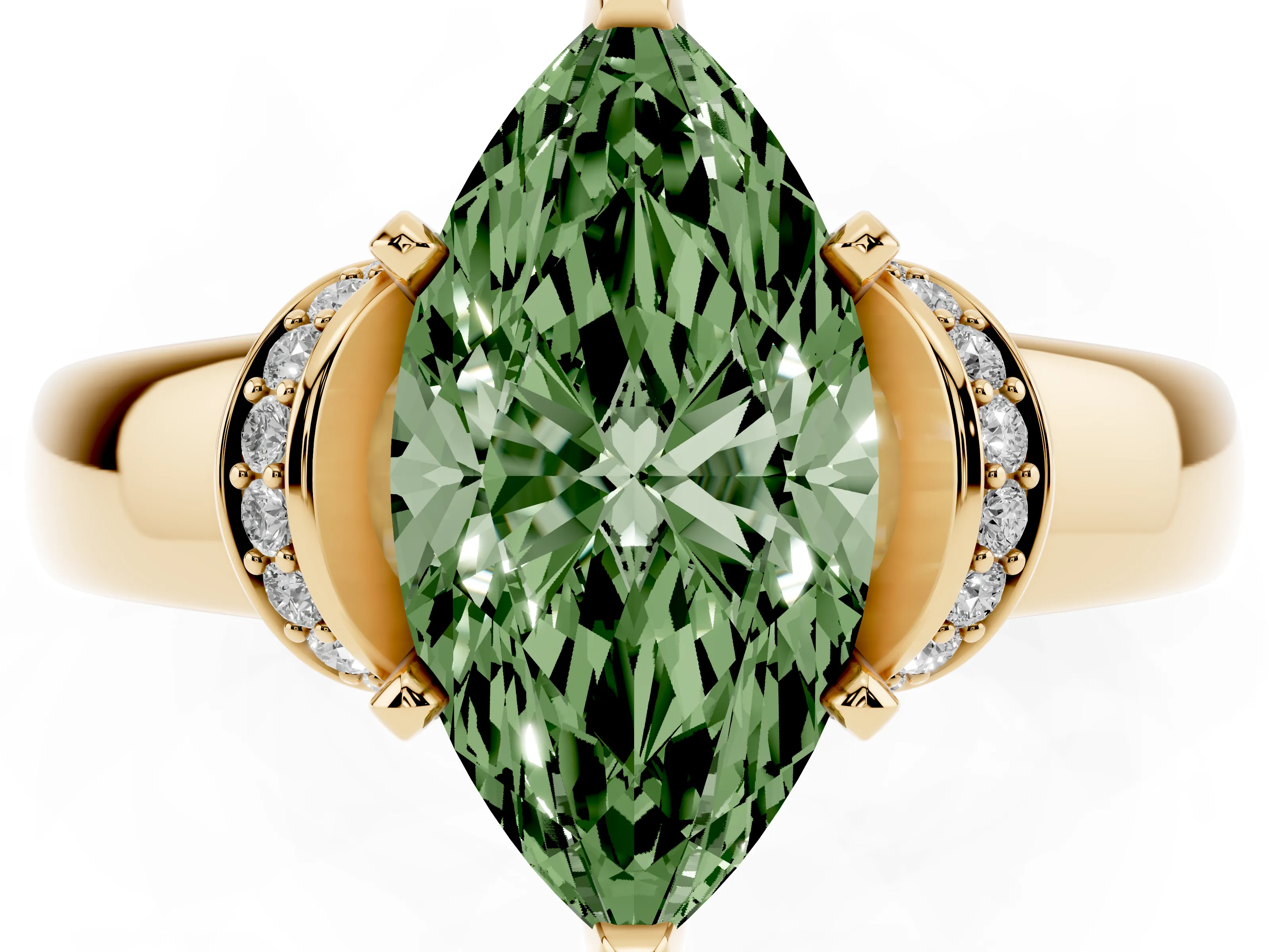 Fancy Green Marquise Cut Diamond Pavé Band Solitaire Ring Set in Yellow gold with Prong Setting
