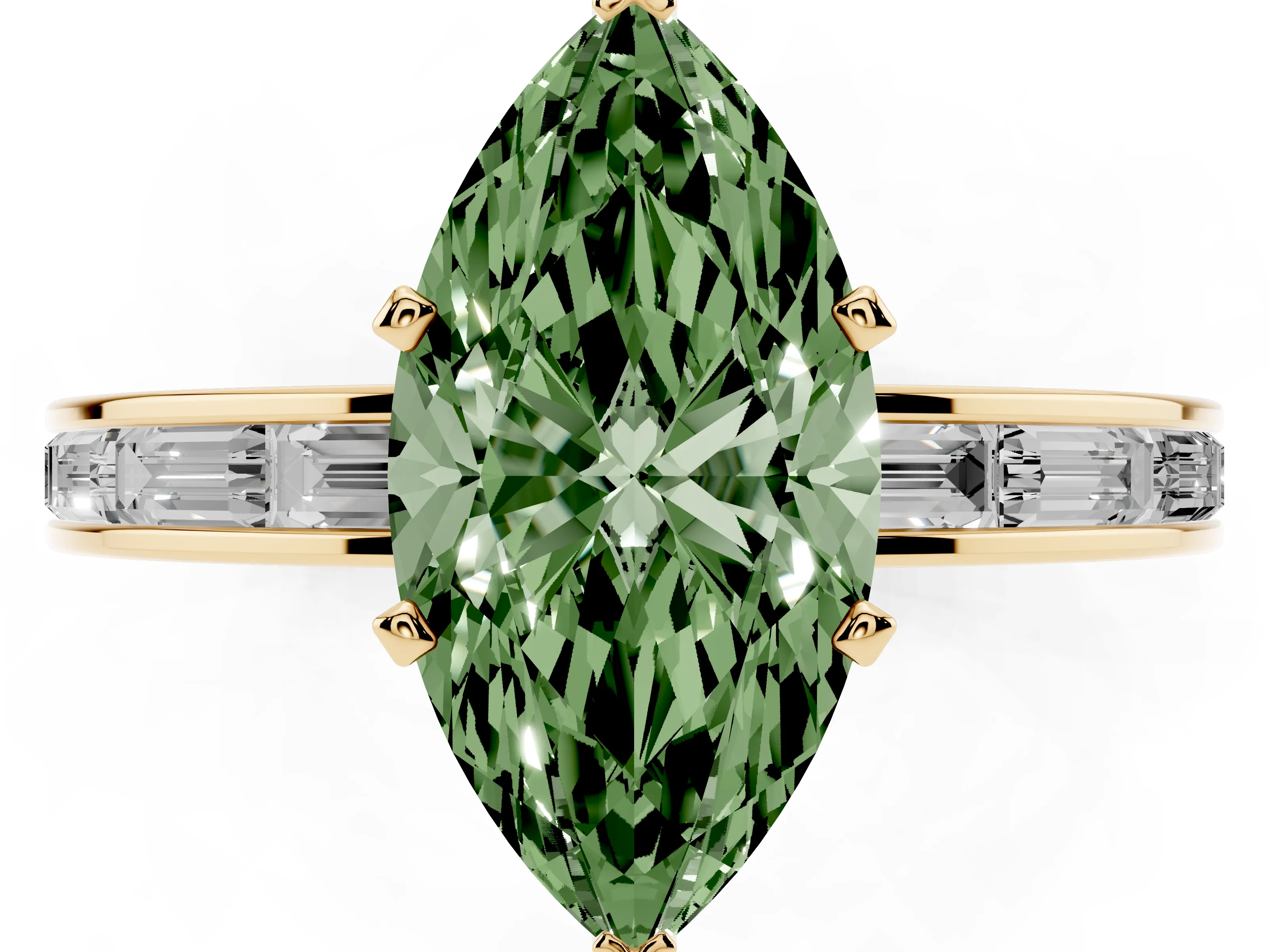 Fancy Green Marquise Cut Diamond Solitaire Ring Set in Yellow gold with Channel-Set Baguette Band and Prong Setting