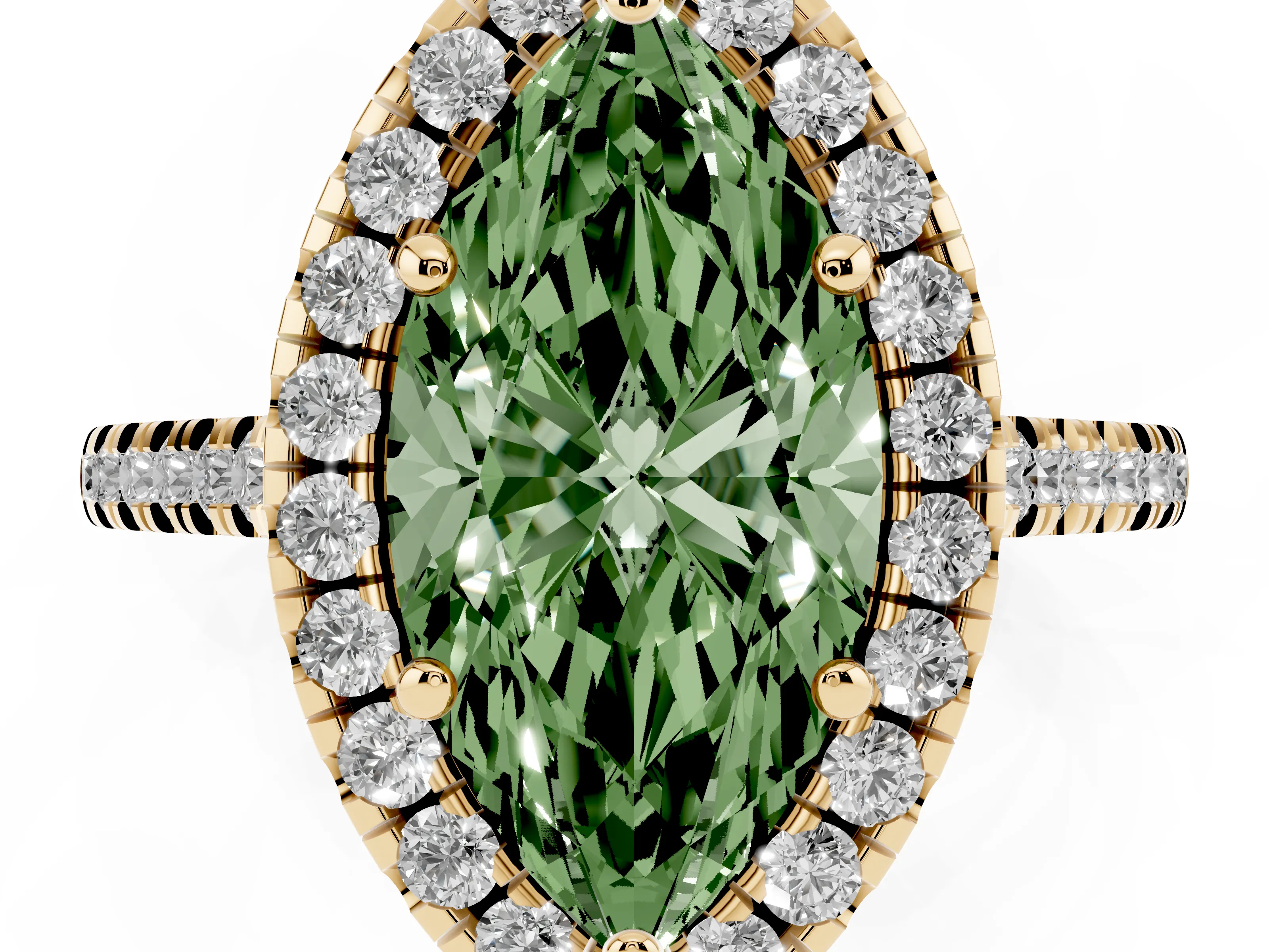 Fancy Green Marquise Cut Diamond Cushion Halo Ring Set in Yellow gold with Pavé Band
