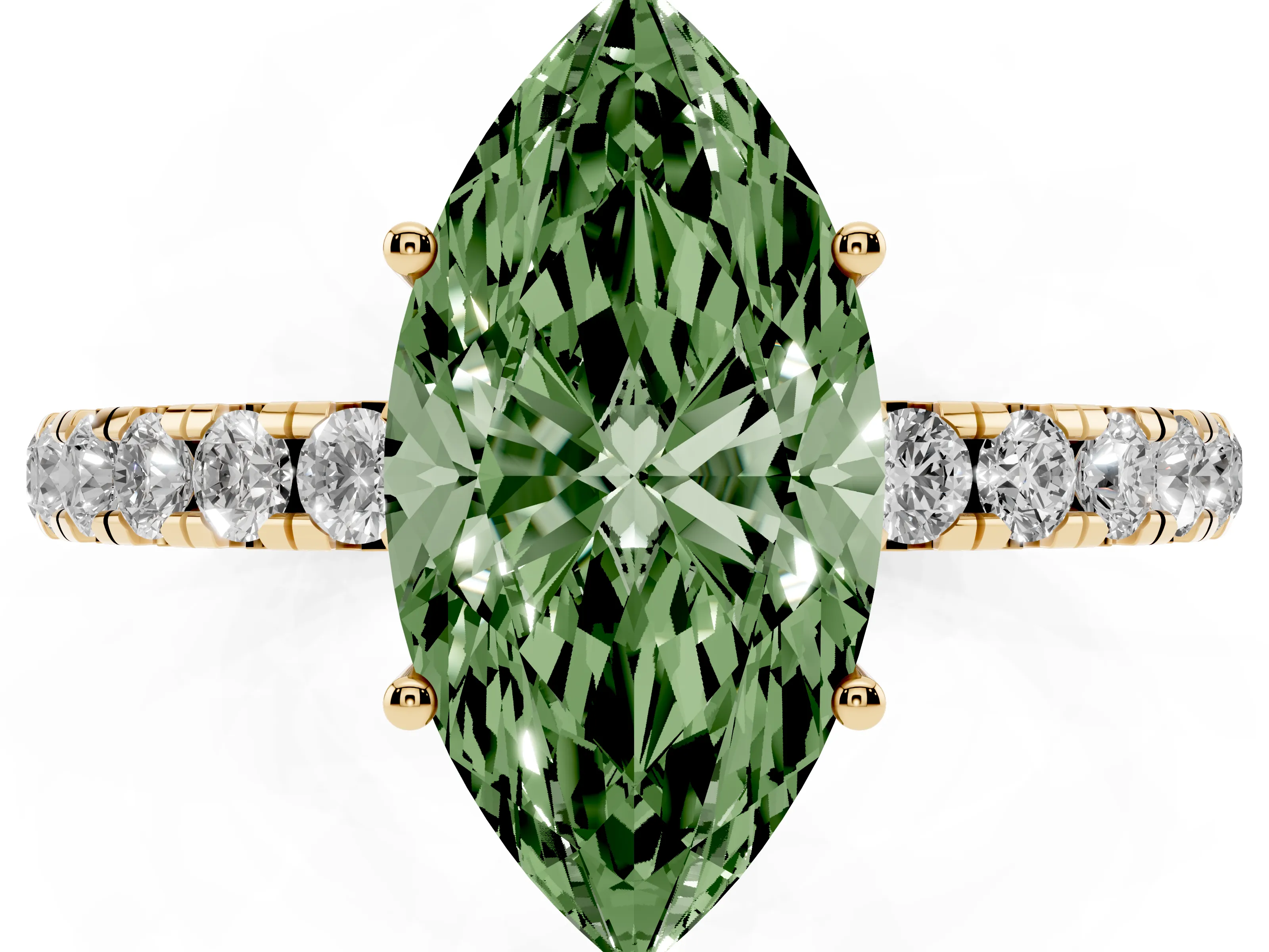 Fancy Green Marquise Cut Diamond Pavé Solitaire Engagement Ring Set in Yellow gold with Prong Setting