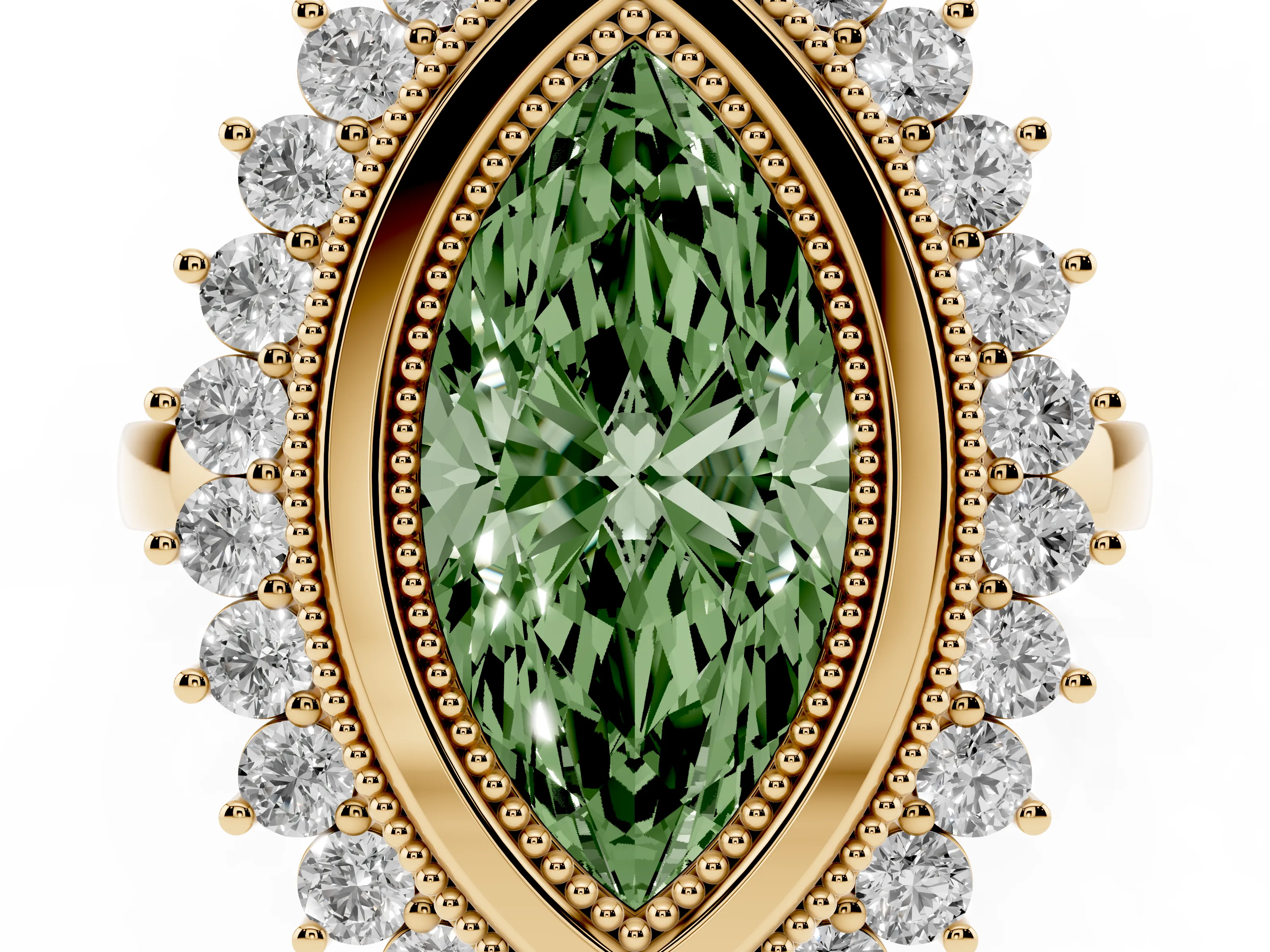 Fancy Green Marquise Cut Diamond Halo Ring Set in Yellow gold with Milgrain Edge and Round Prong Setting