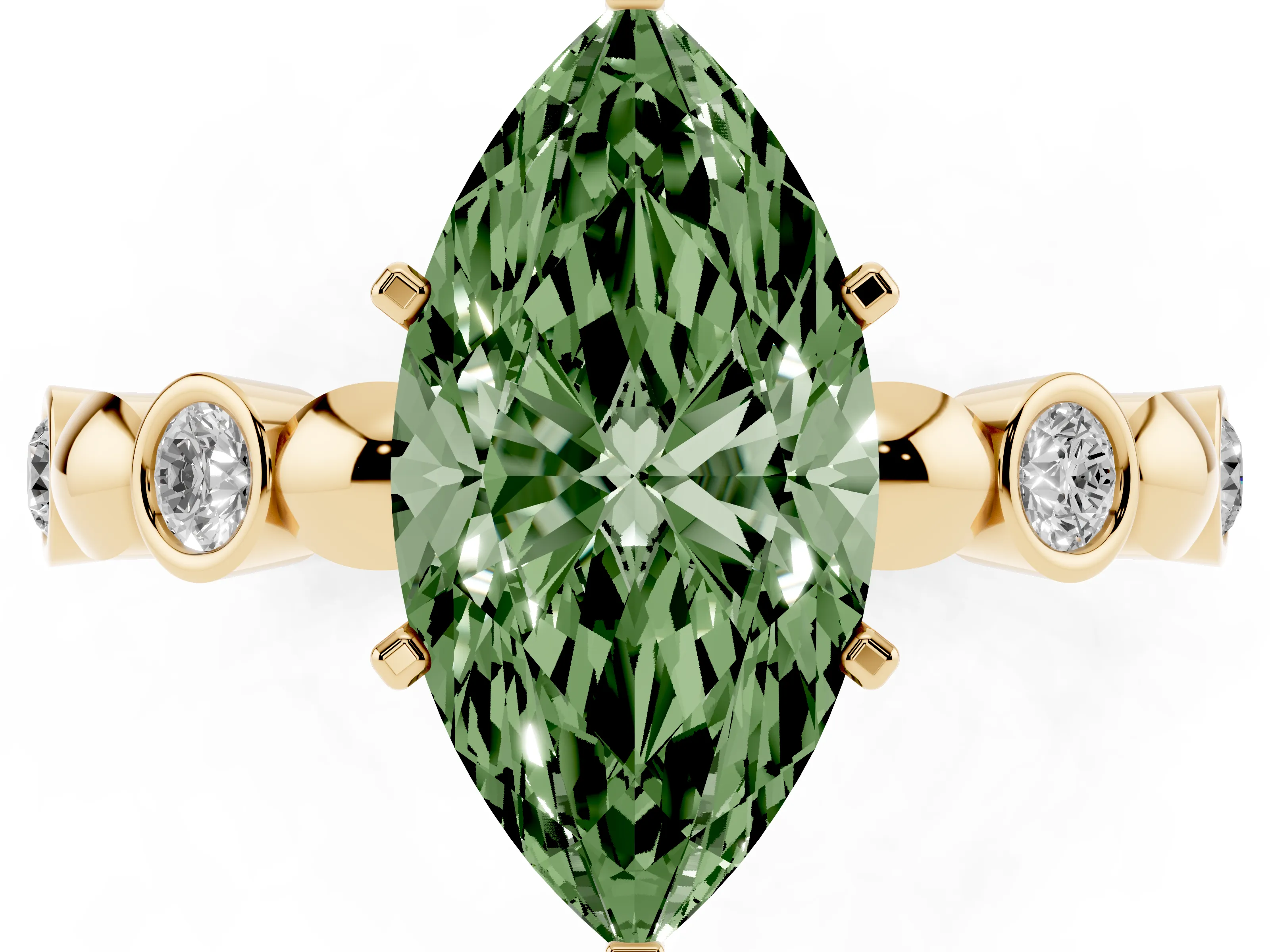 Fancy Green Marquise Cut Diamond Solitaire Ring Set in Yellow gold with Bezel-Set Accents on Beaded Band and Prong Setting