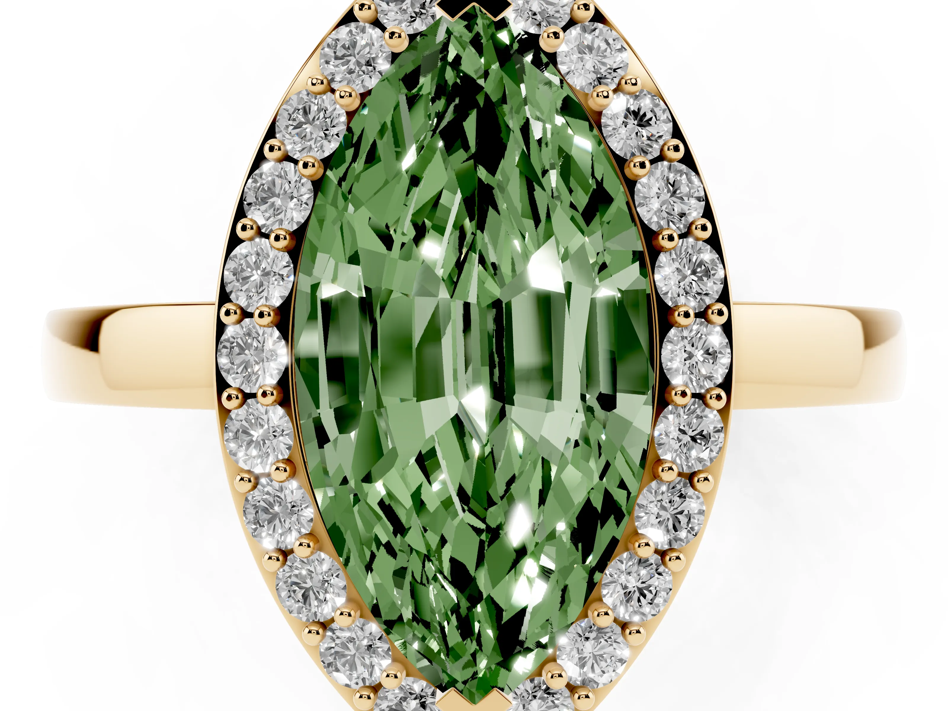 Fancy Green Marquise Cut Diamond Halo Ring Set in Yellow gold with Solitaire Band and Prong Setting