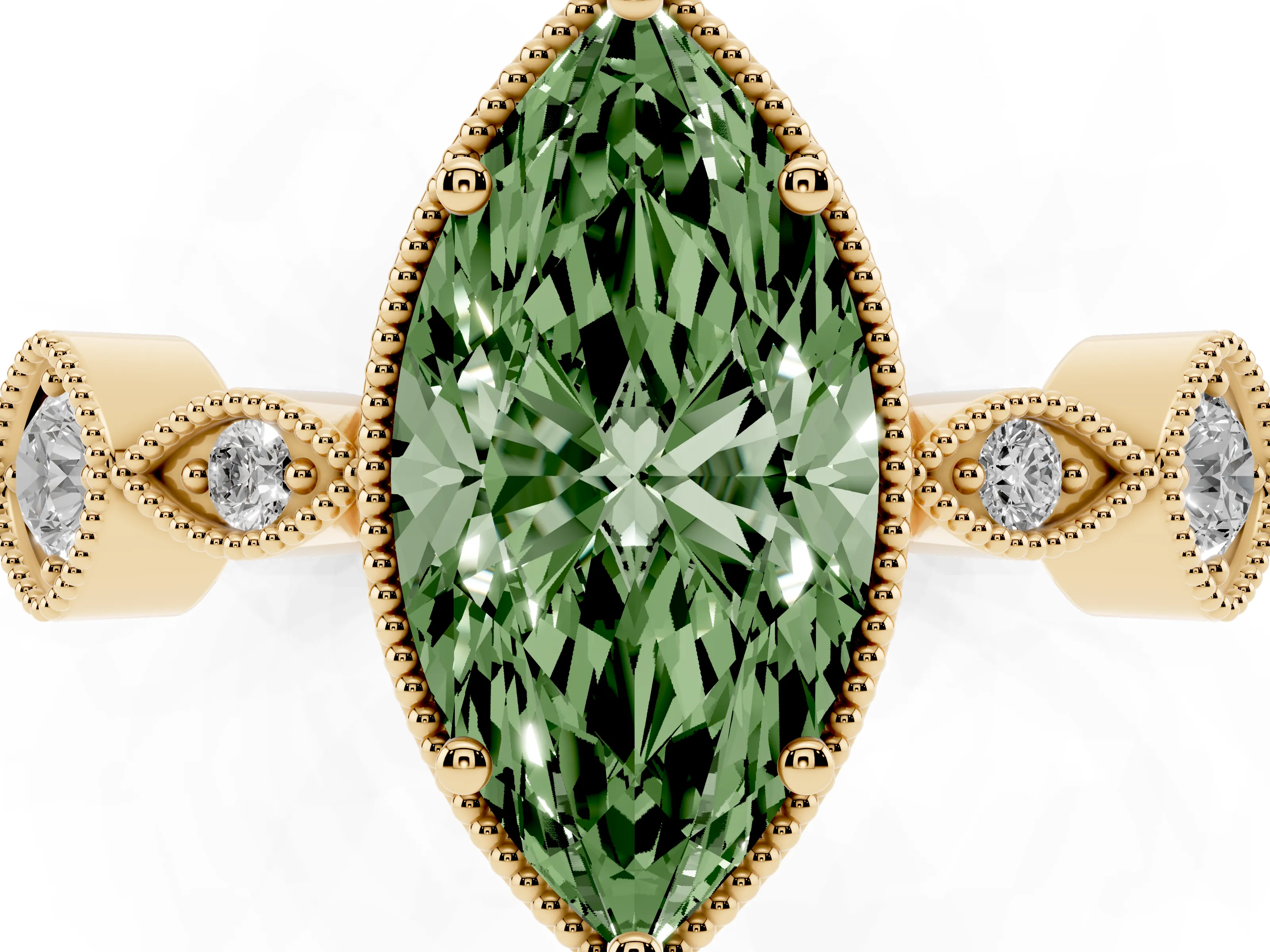 Fancy Green Marquise Cut Diamond Vintage-Inspired Milgrain Ring Set in Yellow gold with Marquise Stations of Round Accents