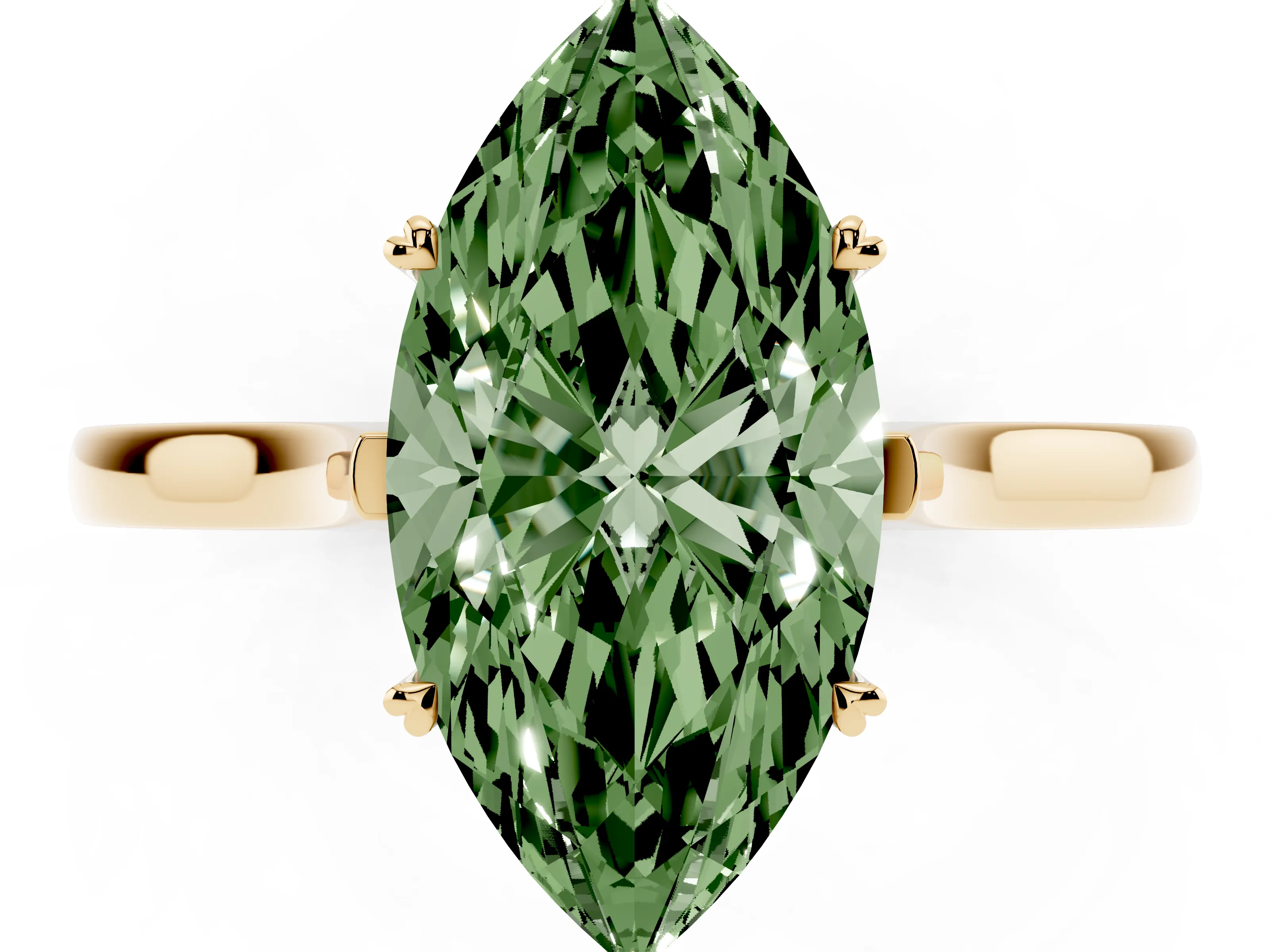 Fancy Green Marquise Cut Diamond Solitaire Heart Prong Engagement Ring Set in Yellow gold with Tapered Band