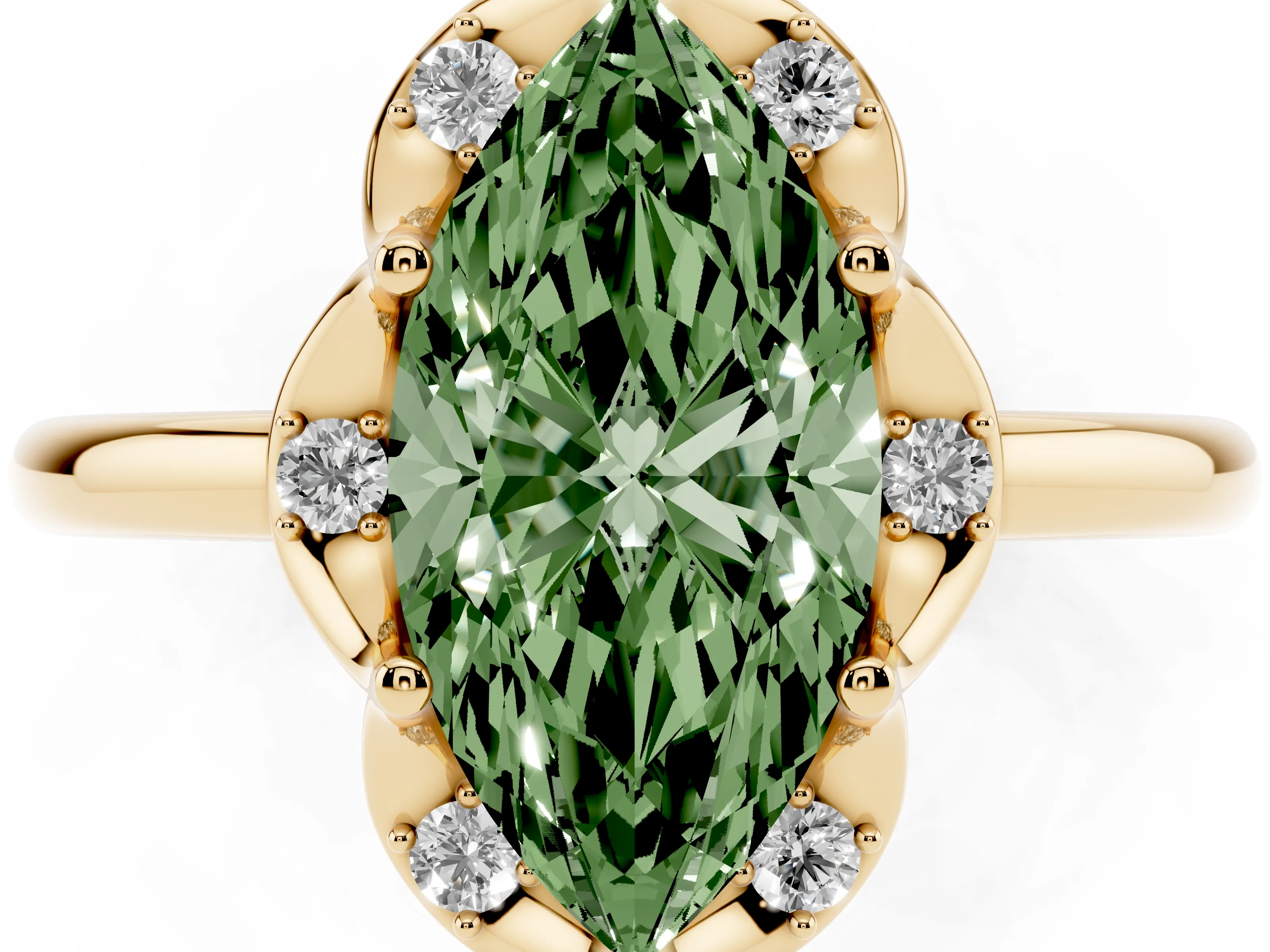 Fancy Green Marquise Cut Diamond Round Cluster Halo Ring Set in Yellow gold with Solitaire Band and Prong Setting