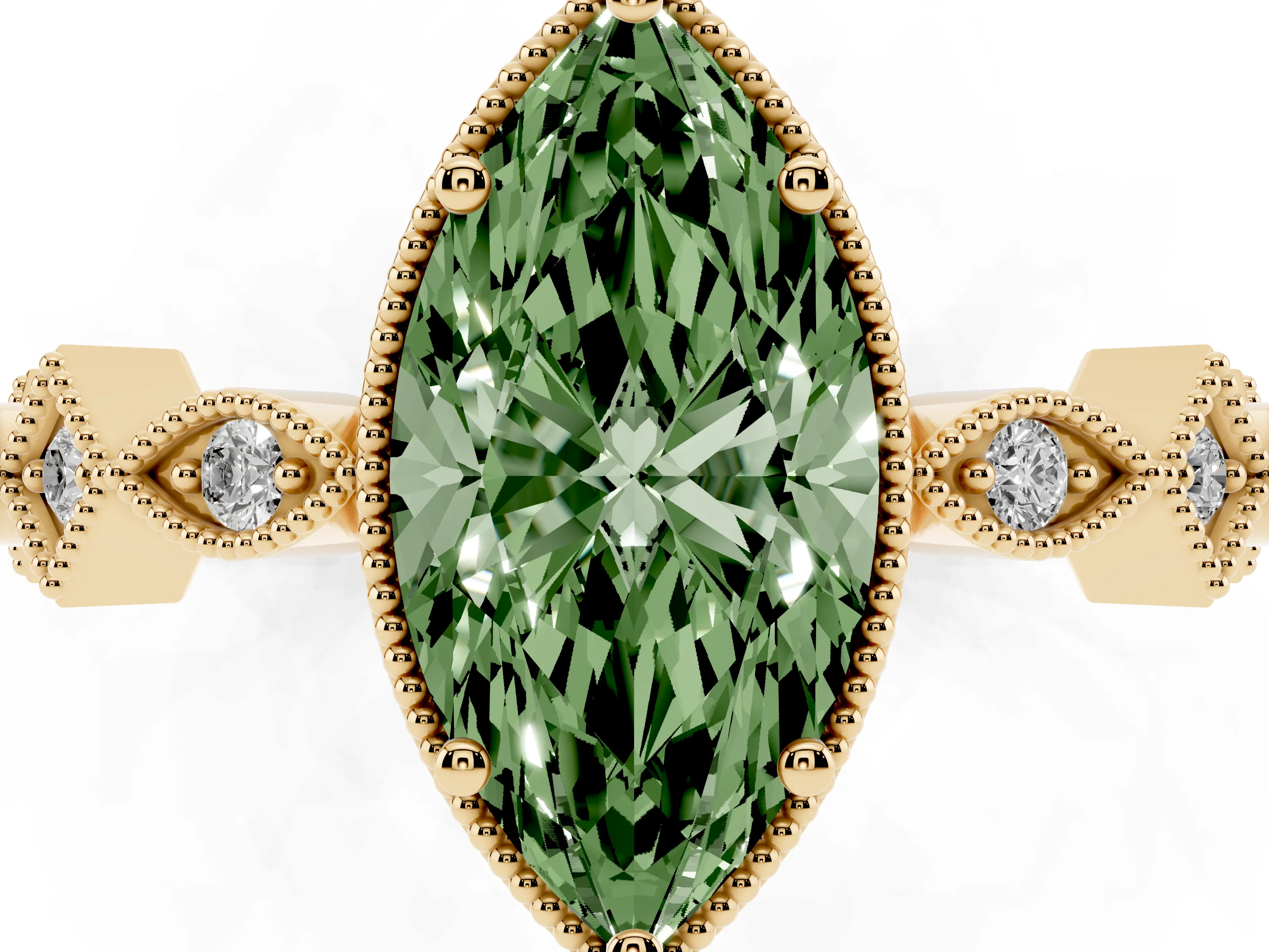 Fancy Green Marquise Cut Diamond Milgrain Marquise Twist Band Ring Set in Yellow gold with Prong Setting