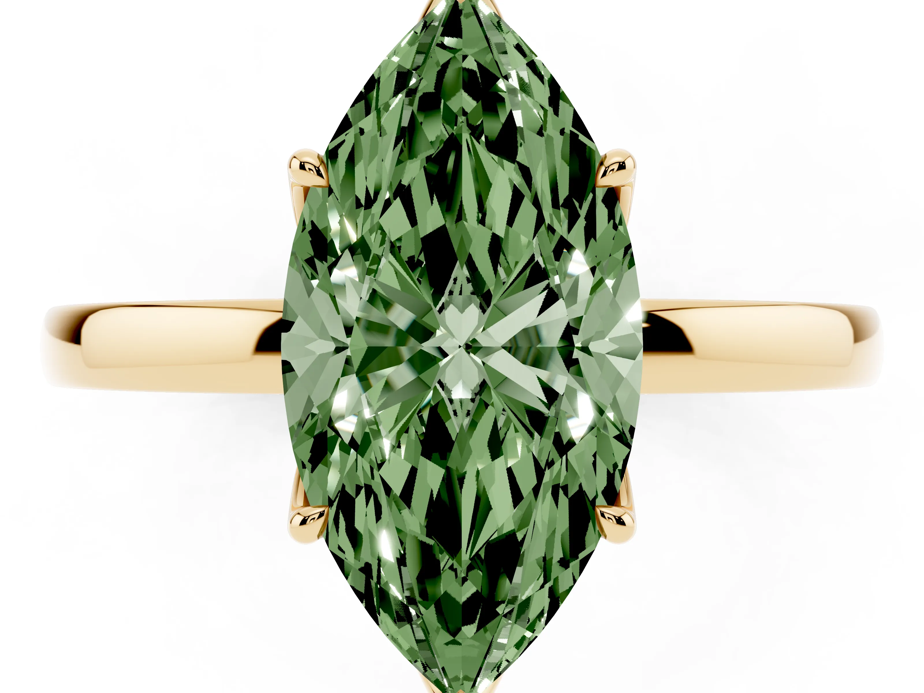 Fancy Green Marquise Cut Diamond Solitaire Ring Set in Yellow gold with Prong Setting and Thin Polished Band