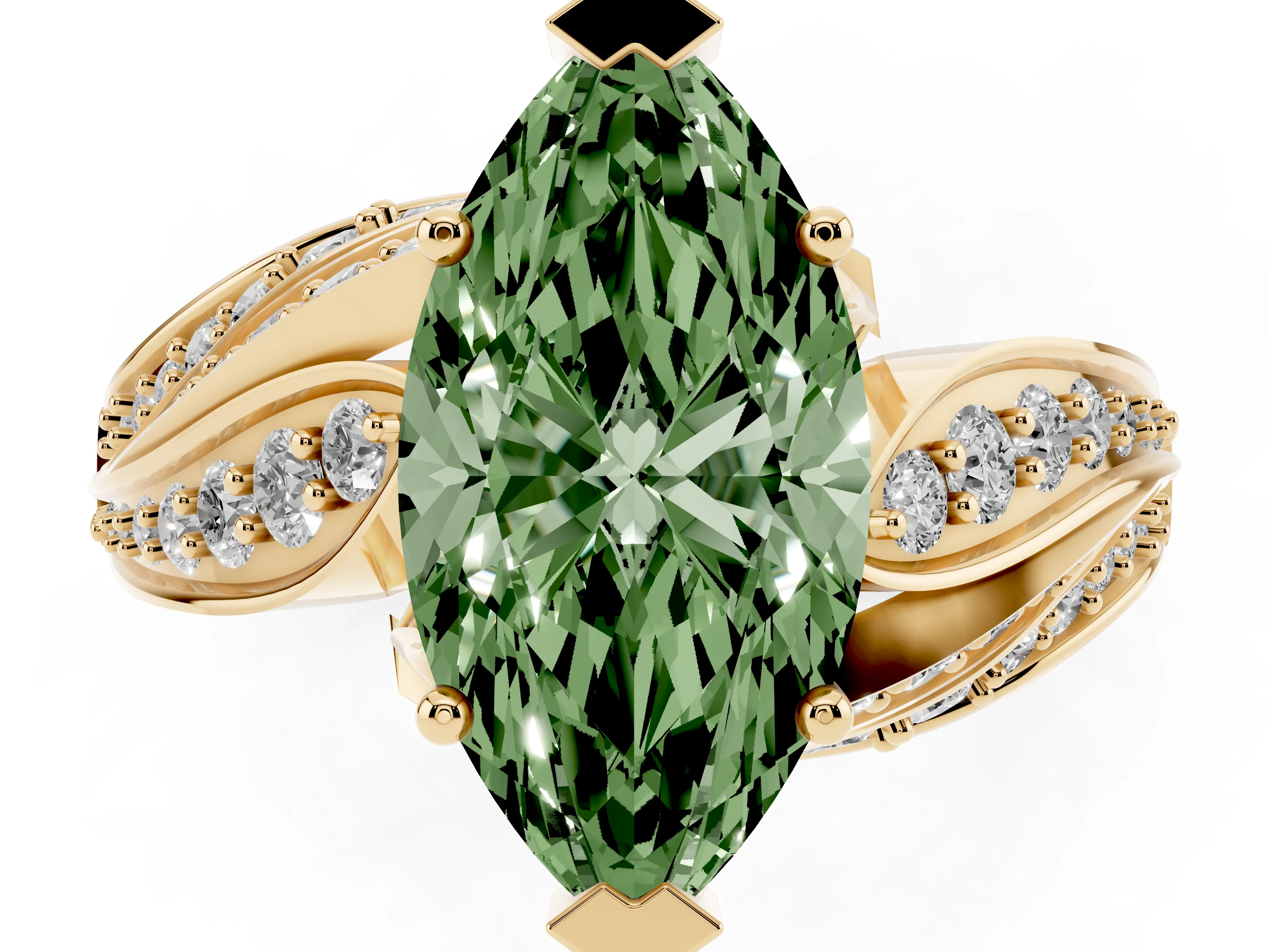 Fancy Green Marquise Cut Diamond Solitaire Ring Set in Yellow gold with Layered Twist Pavé Band