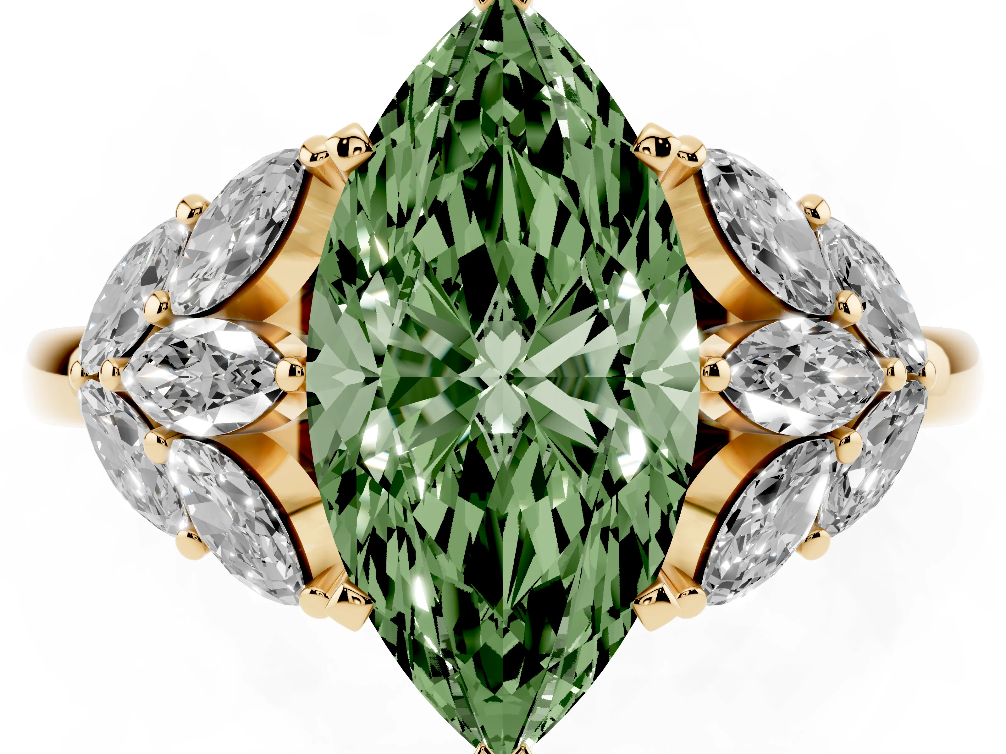 Fancy Green Marquise Cut Diamond Cluster Leaf Design Ring Set in Yellow gold with Prong Setting
