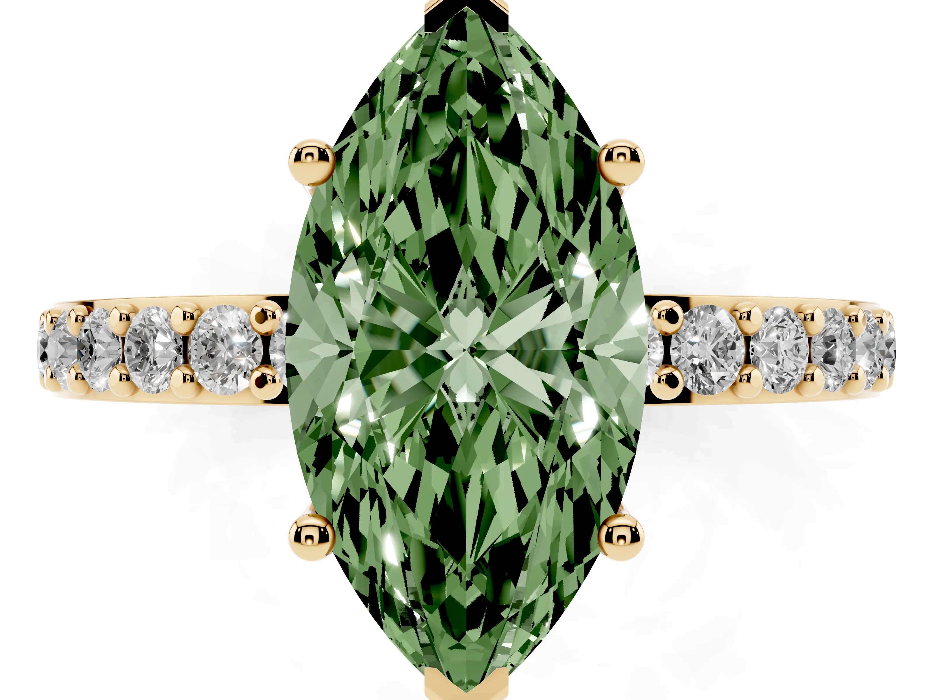 Fancy Green Marquise Cut Diamond Solitaire Set in Yellow gold with Round Pavé Band and Prong Setting